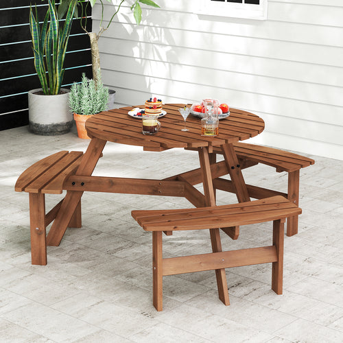 6-Person Round Picnic Table Set, 3 Built-in Benches, Umbrella Hole, Brown