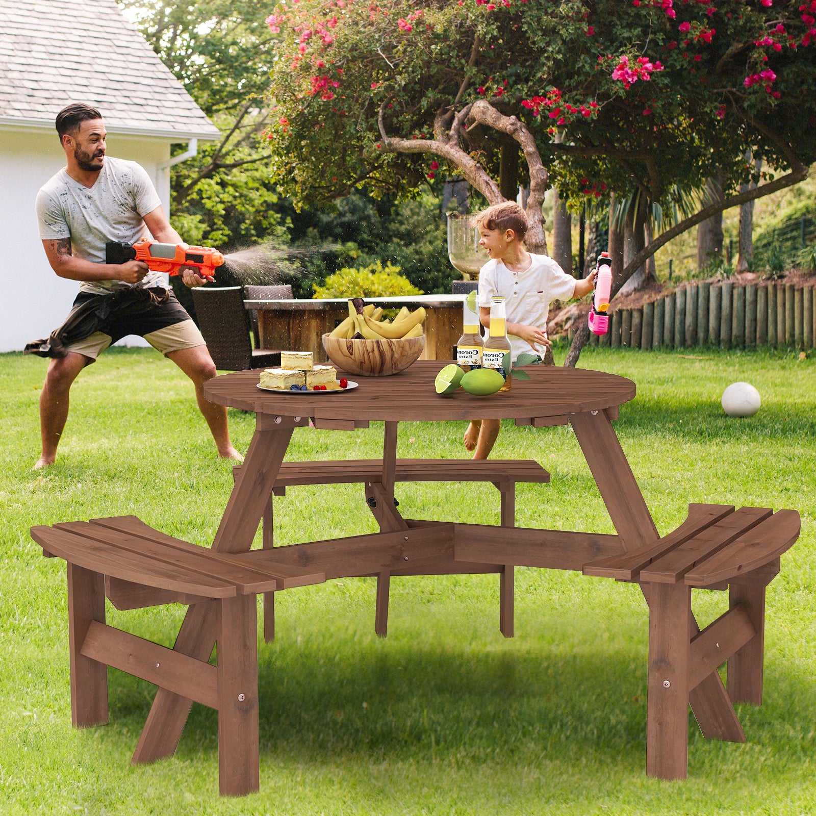 6-Person Round Picnic Table Set, 3 Built-in Benches, Umbrella Hole, Brown Picnic Tables at Gallery Canada