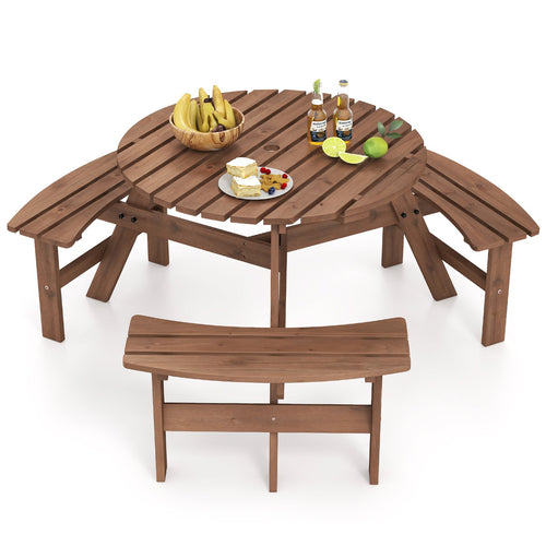 6-Person Round Picnic Table Set, 3 Built-in Benches, Umbrella Hole, Brown