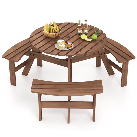 6-Person Round Picnic Table Set, 3 Built-in Benches, Umbrella Hole, Brown Picnic Tables Brown at Gallery Canada