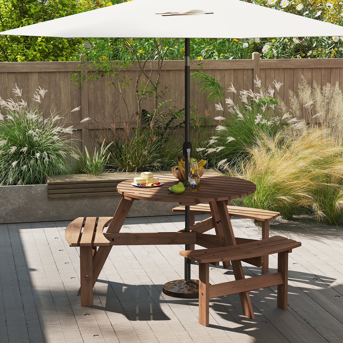 6-Person Round Picnic Table Set, 3 Built-in Benches, Umbrella Hole, Brown Picnic Tables at Gallery Canada