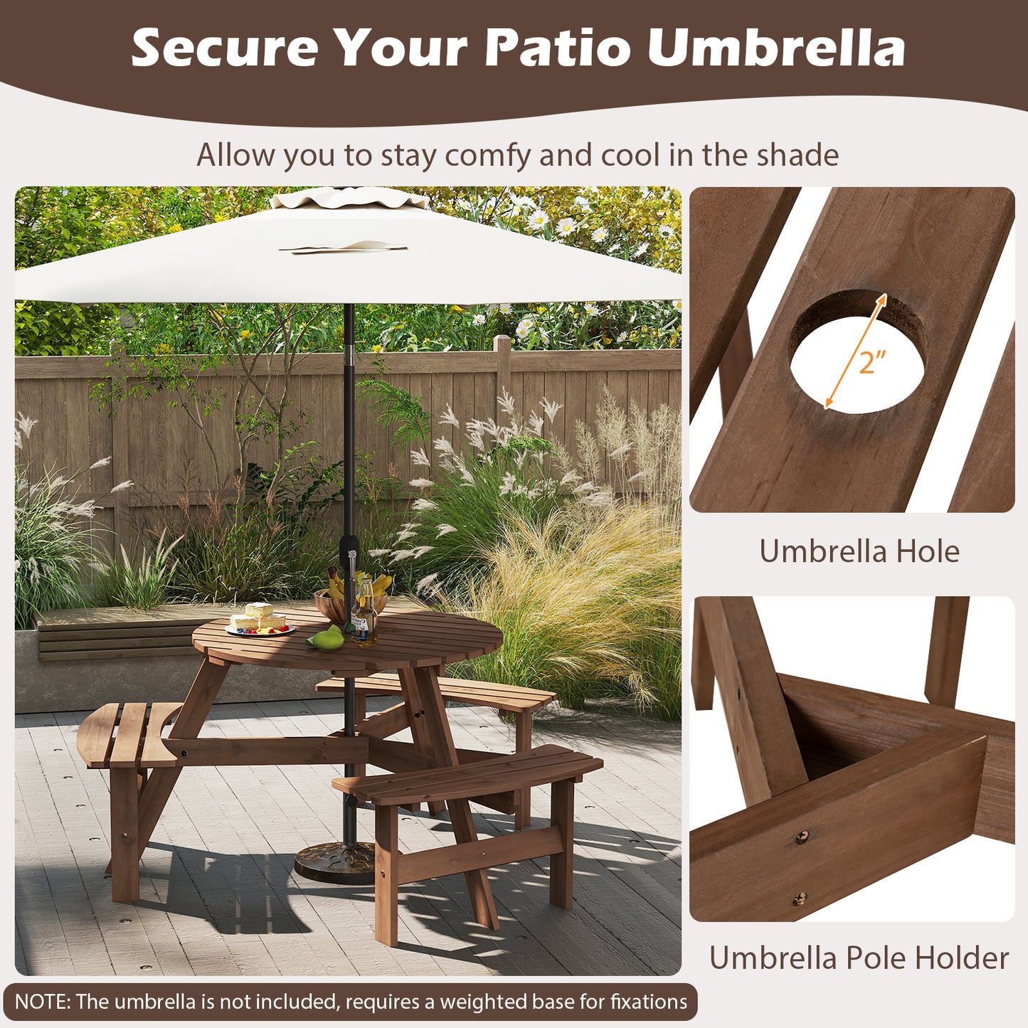 6-Person Round Picnic Table Set, 3 Built-in Benches, Umbrella Hole, Brown Picnic Tables at Gallery Canada