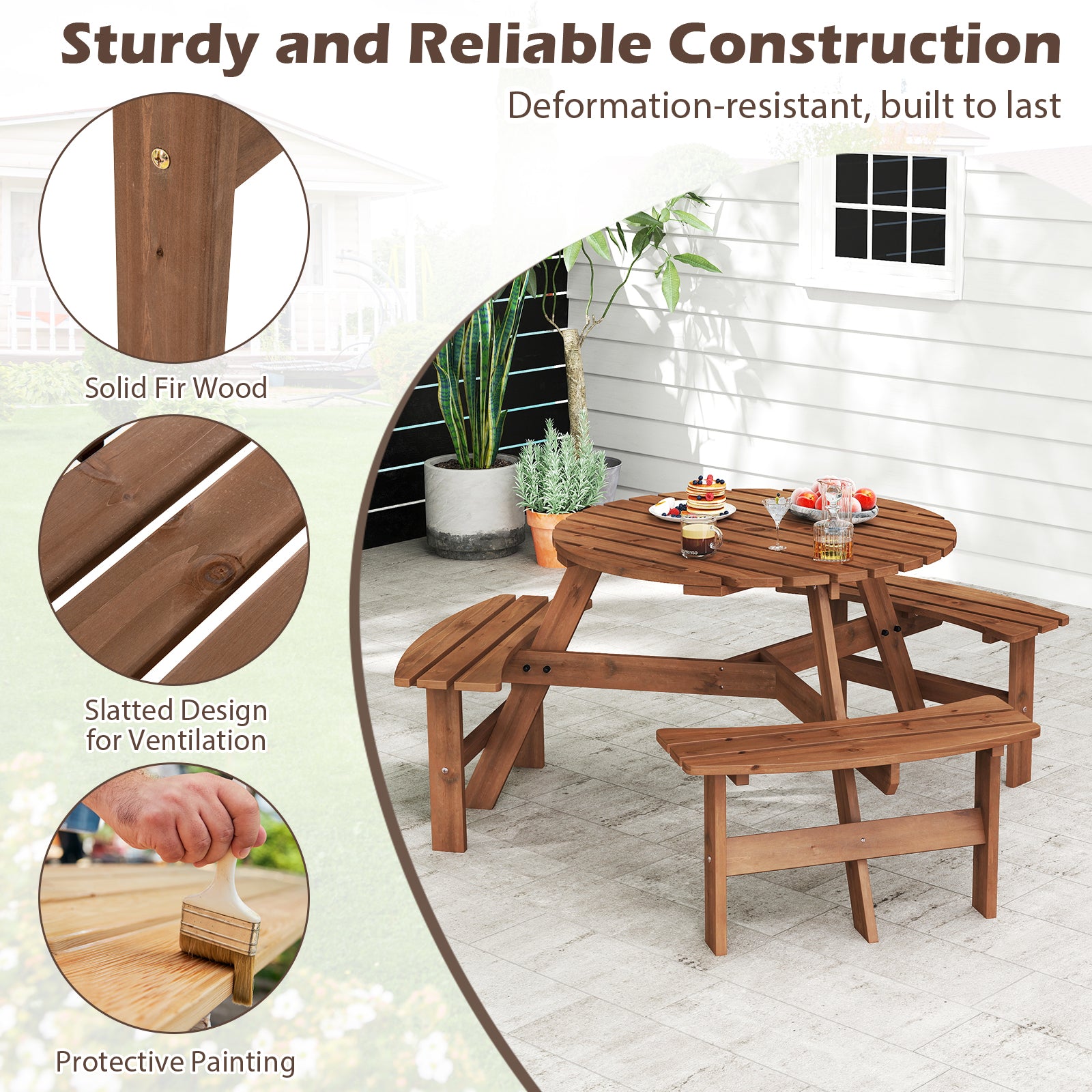 6-Person Round Picnic Table Set, 3 Built-in Benches, Umbrella Hole, Brown Picnic Tables at Gallery Canada