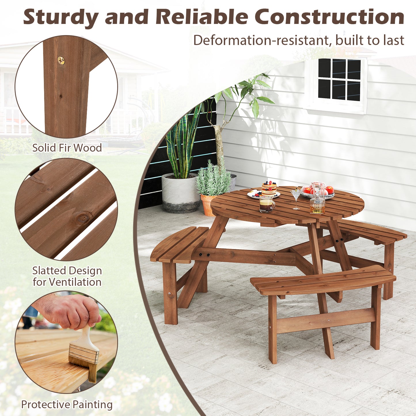 6-Person Round Picnic Table Set, 3 Built-in Benches, Umbrella Hole, Brown Picnic Tables at Gallery Canada