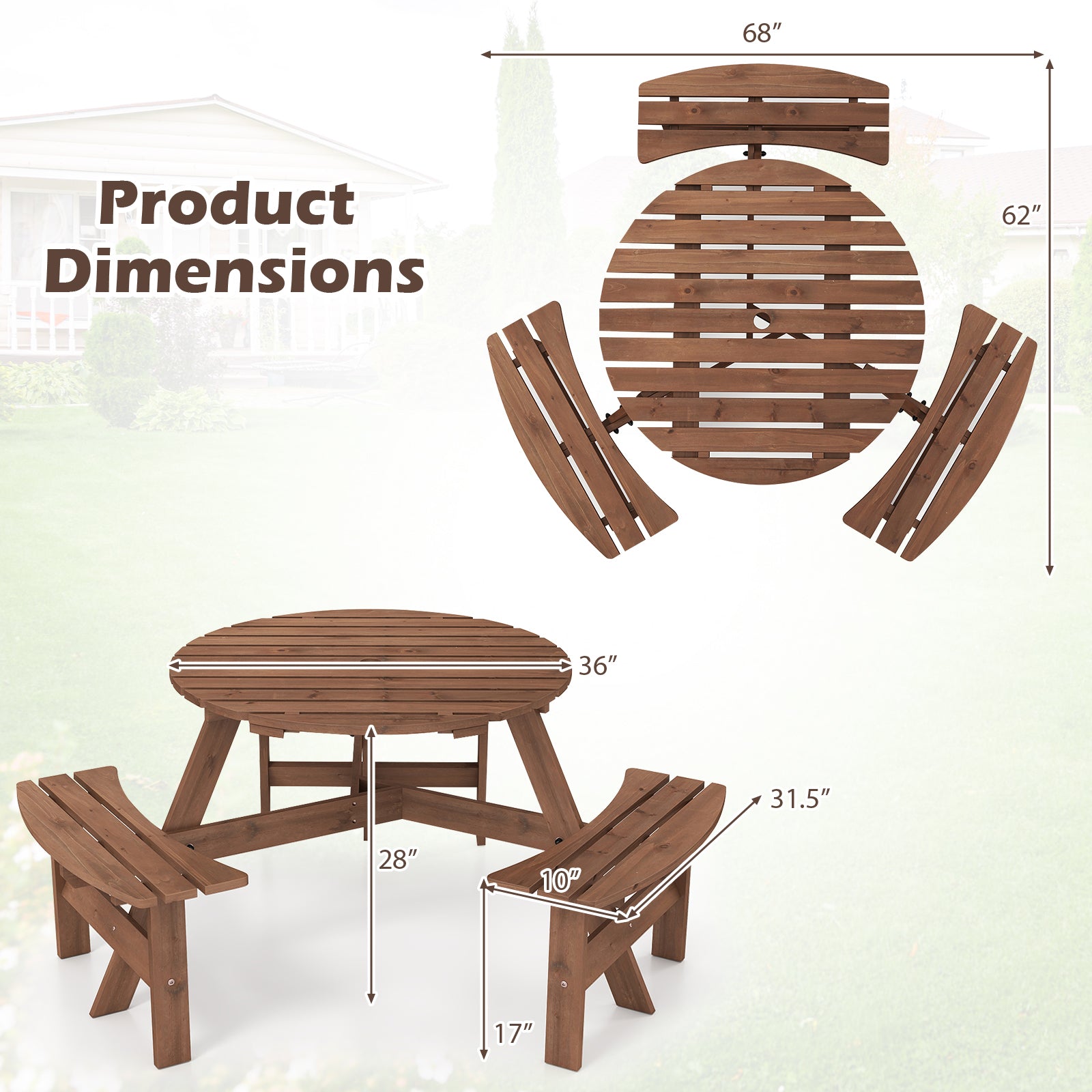 6-Person Round Picnic Table Set, 3 Built-in Benches, Umbrella Hole, Brown Picnic Tables at Gallery Canada