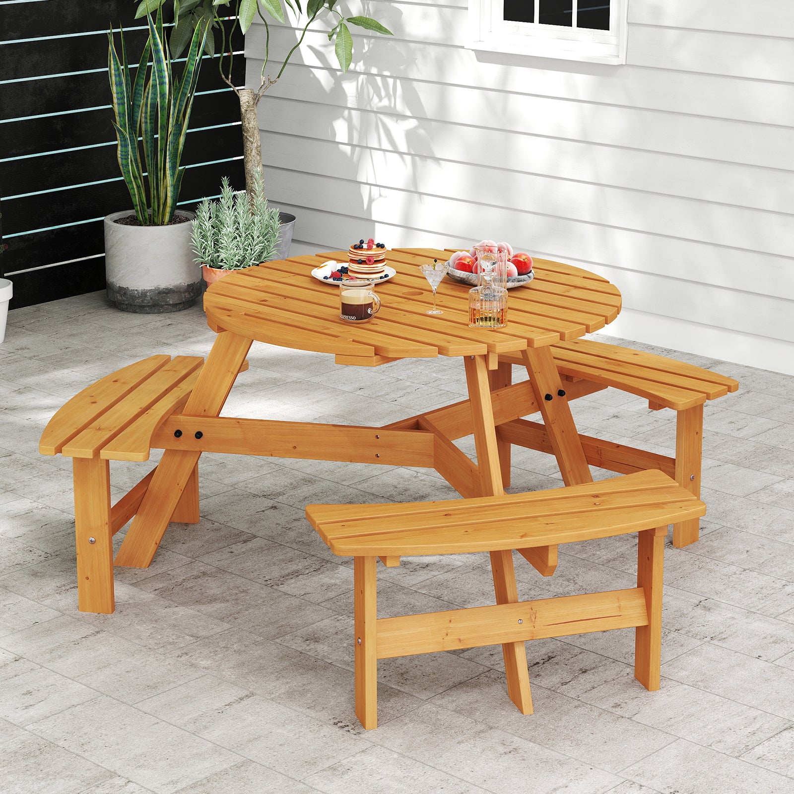 6-Person Round Picnic Table Set with 3 Built-in Benches and Umbrella Hole, Yellow Picnic Tables at Gallery Canada