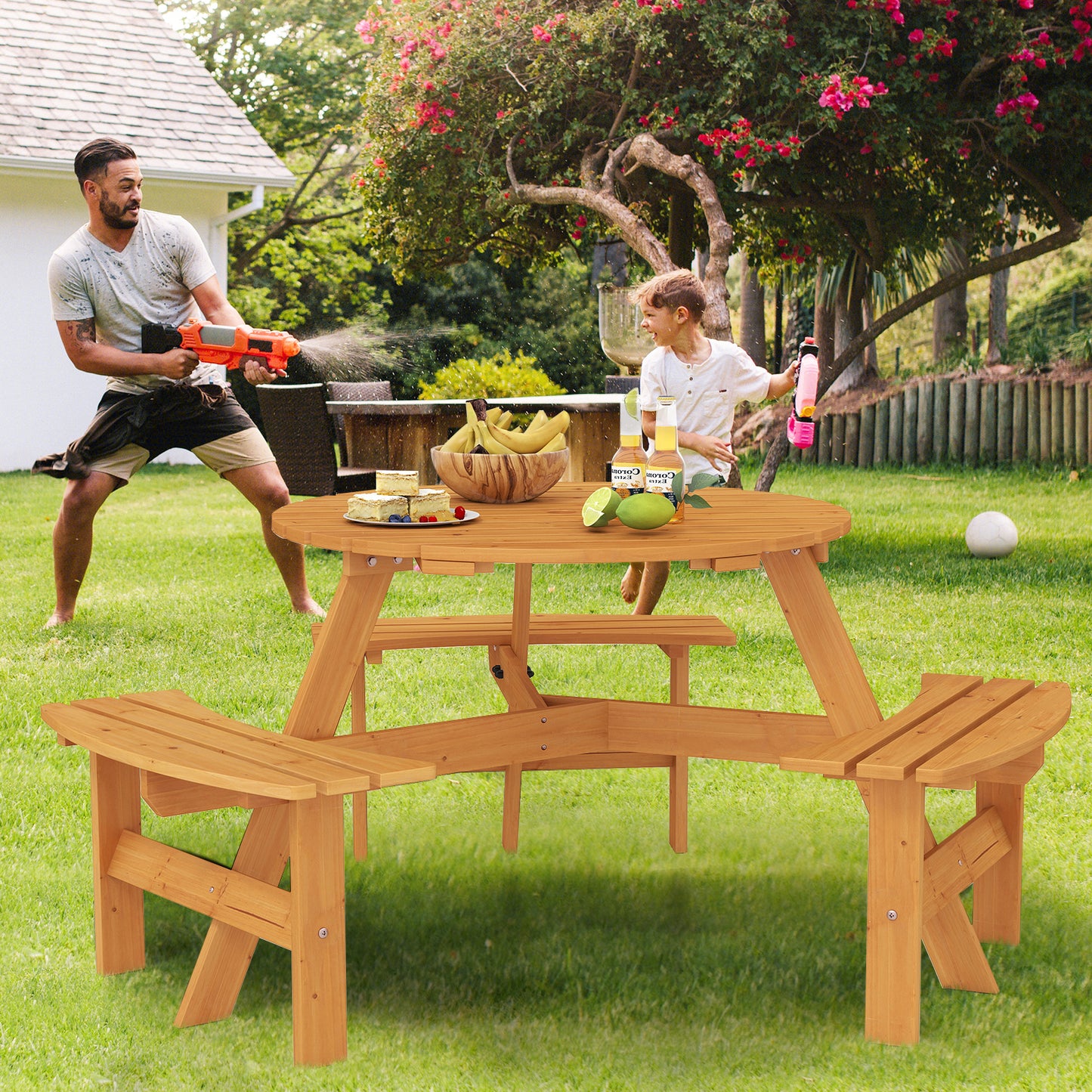 6-Person Round Picnic Table Set with 3 Built-in Benches and Umbrella Hole, Yellow Picnic Tables at Gallery Canada