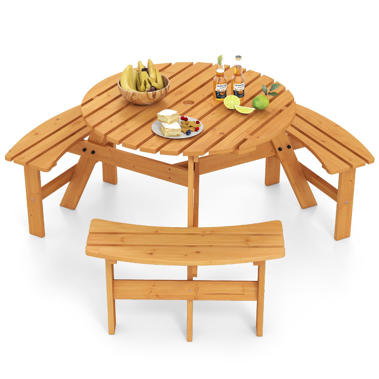 6-Person Round Picnic Table Set with 3 Built-in Benches and Umbrella Hole, Yellow Picnic Tables Yellow at Gallery Canada