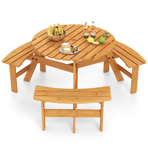 6-Person Round Picnic Table Set with 3 Built-in Benches and Umbrella Hole, Yellow