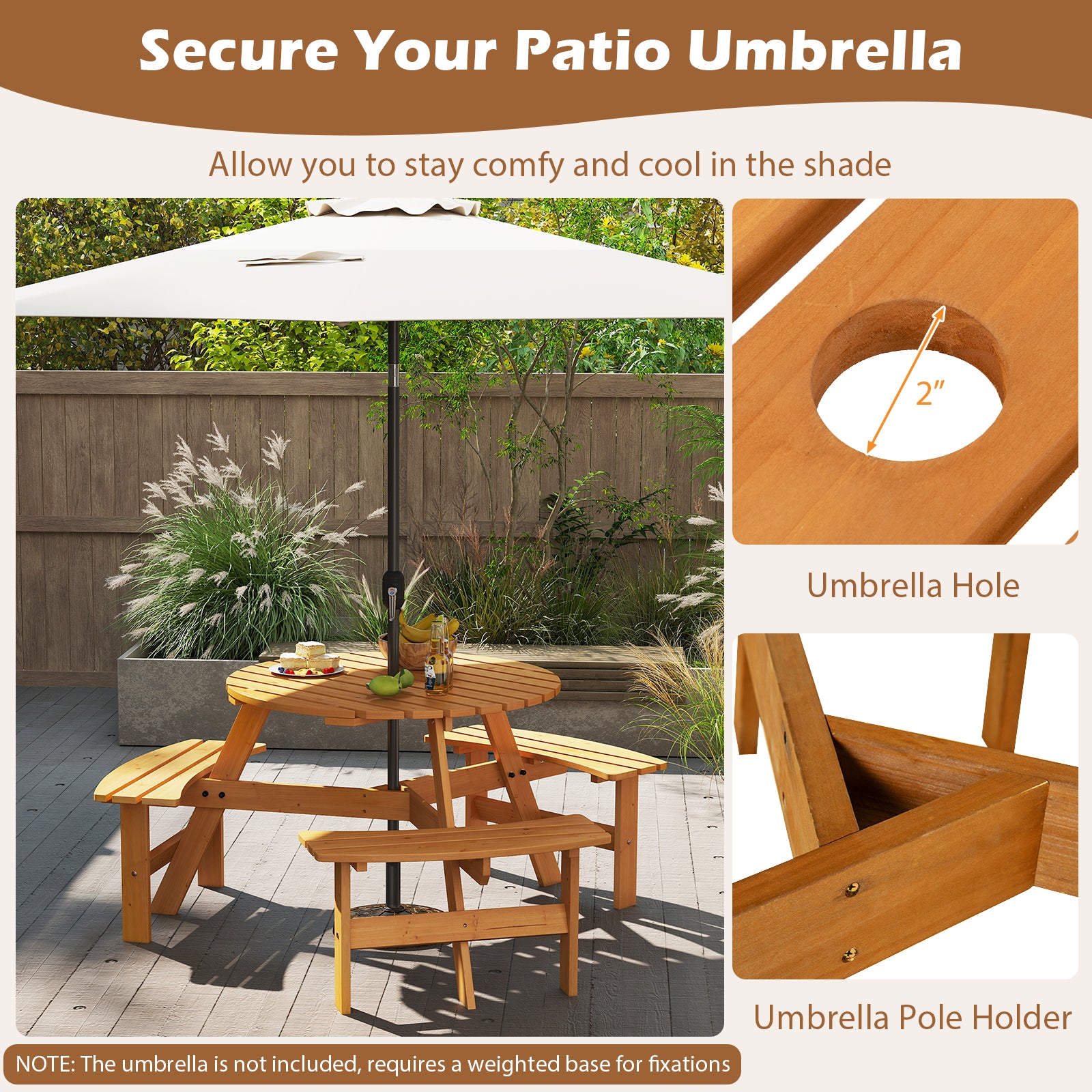 6-Person Round Picnic Table Set with 3 Built-in Benches and Umbrella Hole, Yellow Picnic Tables at Gallery Canada