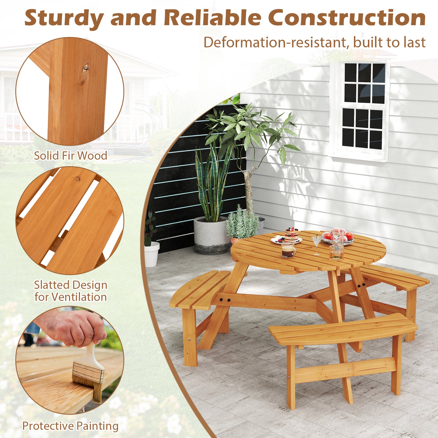 6-Person Round Picnic Table Set with 3 Built-in Benches and Umbrella Hole, Yellow Picnic Tables at Gallery Canada