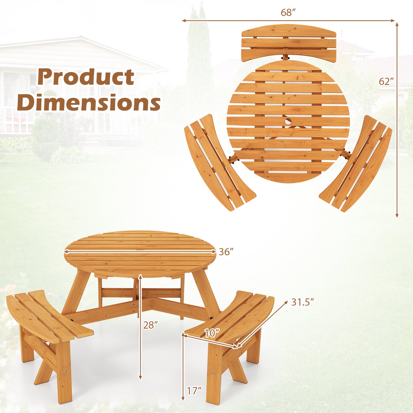 6-Person Round Picnic Table Set with 3 Built-in Benches and Umbrella Hole, Yellow Picnic Tables at Gallery Canada