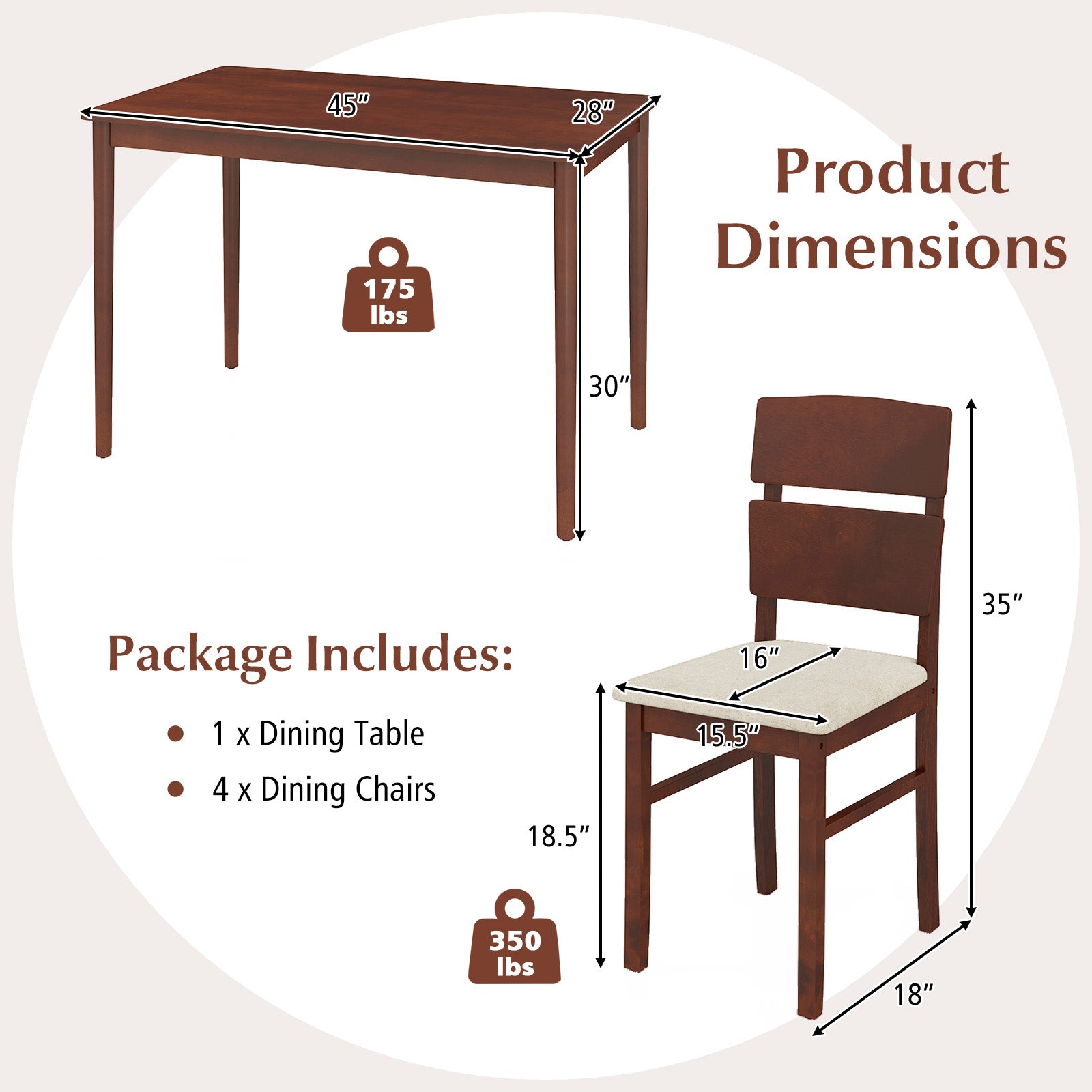 5-Piece Dining Table Set, Walnut, For 4 People Dining Room Sets at Gallery Canada