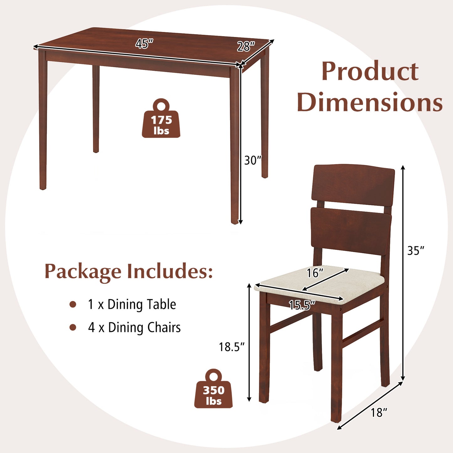 5-Piece Dining Table Set, Walnut, For 4 People Dining Room Sets at Gallery Canada