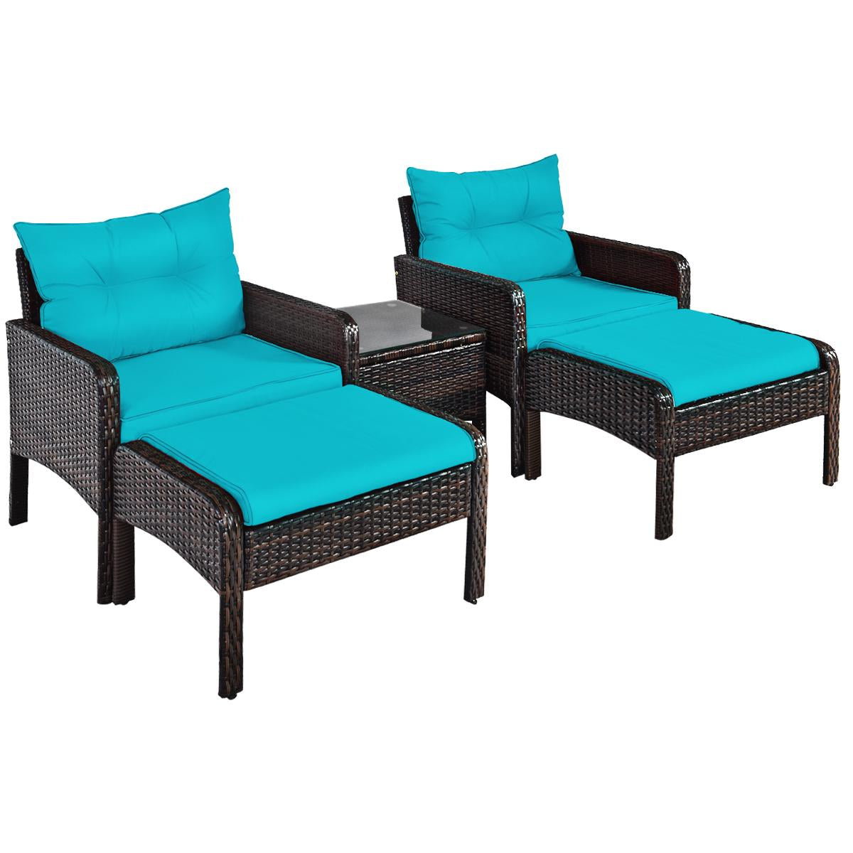 5 Pcs Patio Rattan Sofa Ottoman Set, Turquoise