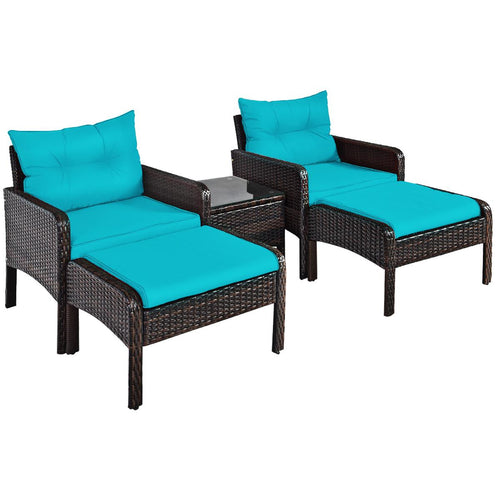 5 Pcs Patio Rattan Sofa Ottoman Furniture Set with Cushions, Turquoise