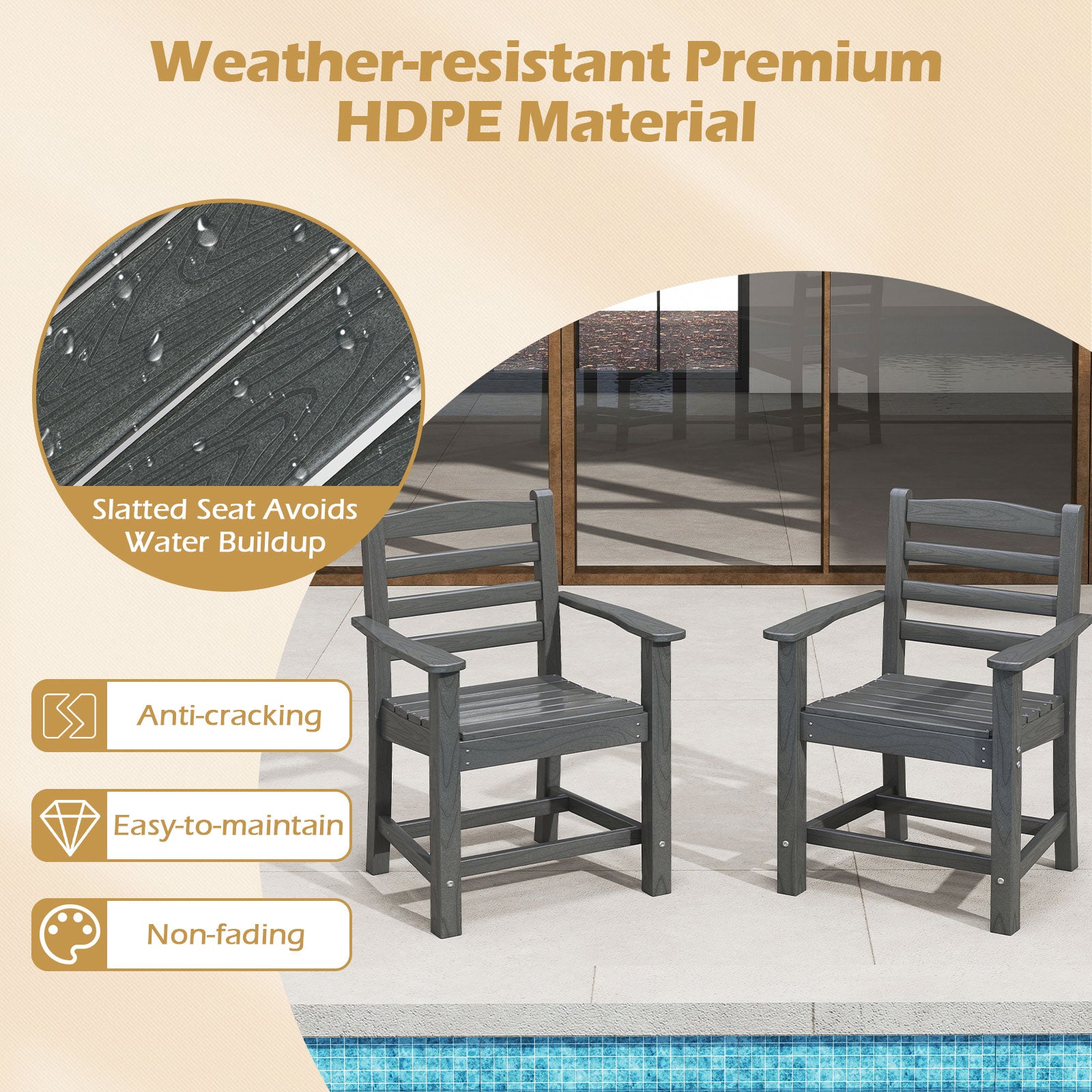 HDPE All Weather Patio Dining Chairs Set of 2 with Wide Armrests, Gray Patio Dining Chairs at Gallery Canada