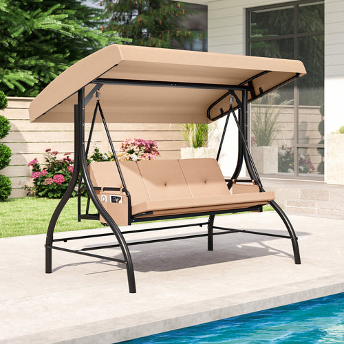 3-Piece Patio Swing with Canopy Removable Cushions and Side Pockets, Beige