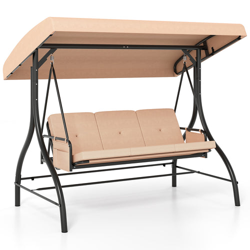 3-Piece Patio Swing with Canopy Removable Cushions and Side Pockets, Beige