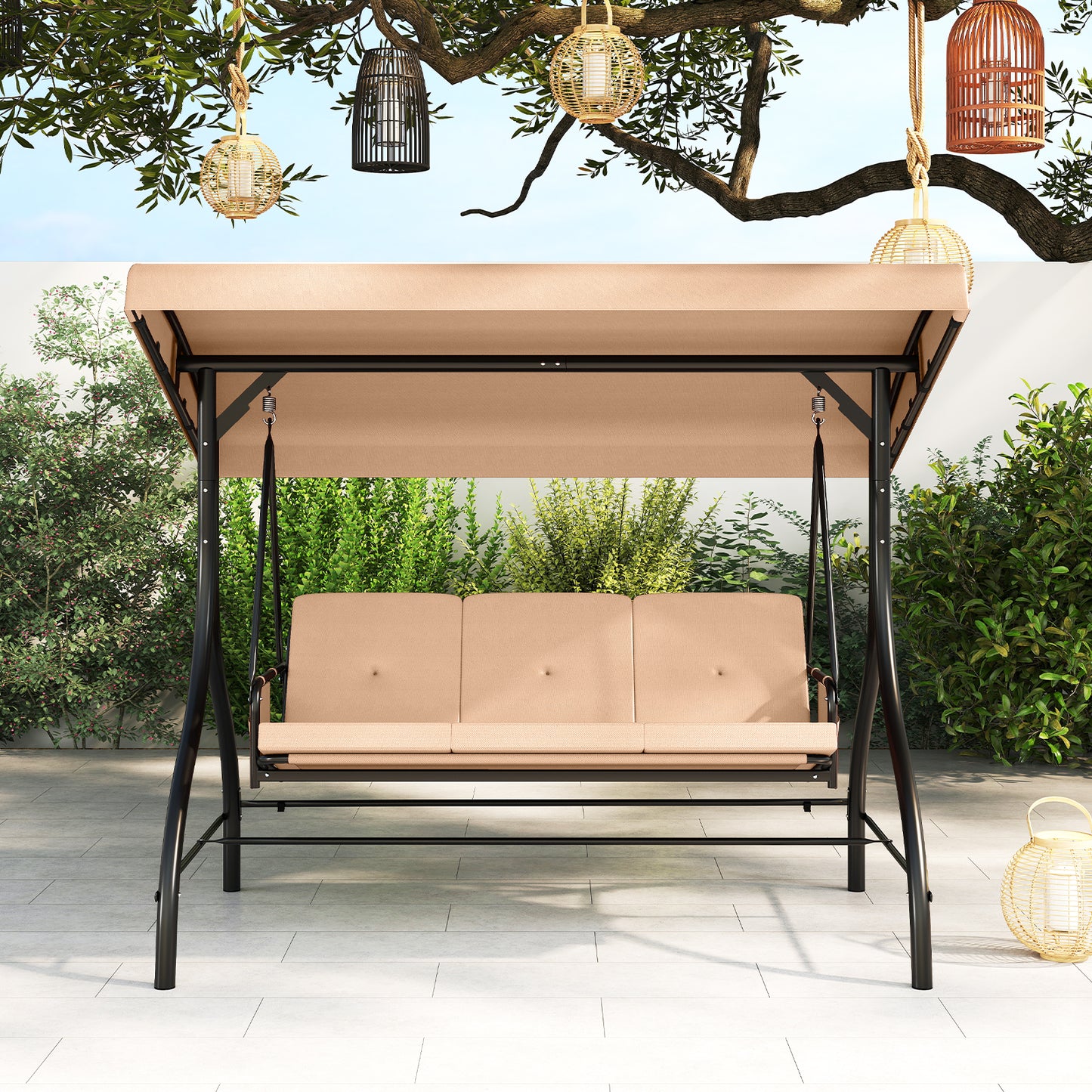 3-Piece Patio Swing with Canopy Removable Cushions and Side Pockets, Beige Porch Swings at Gallery Canada
