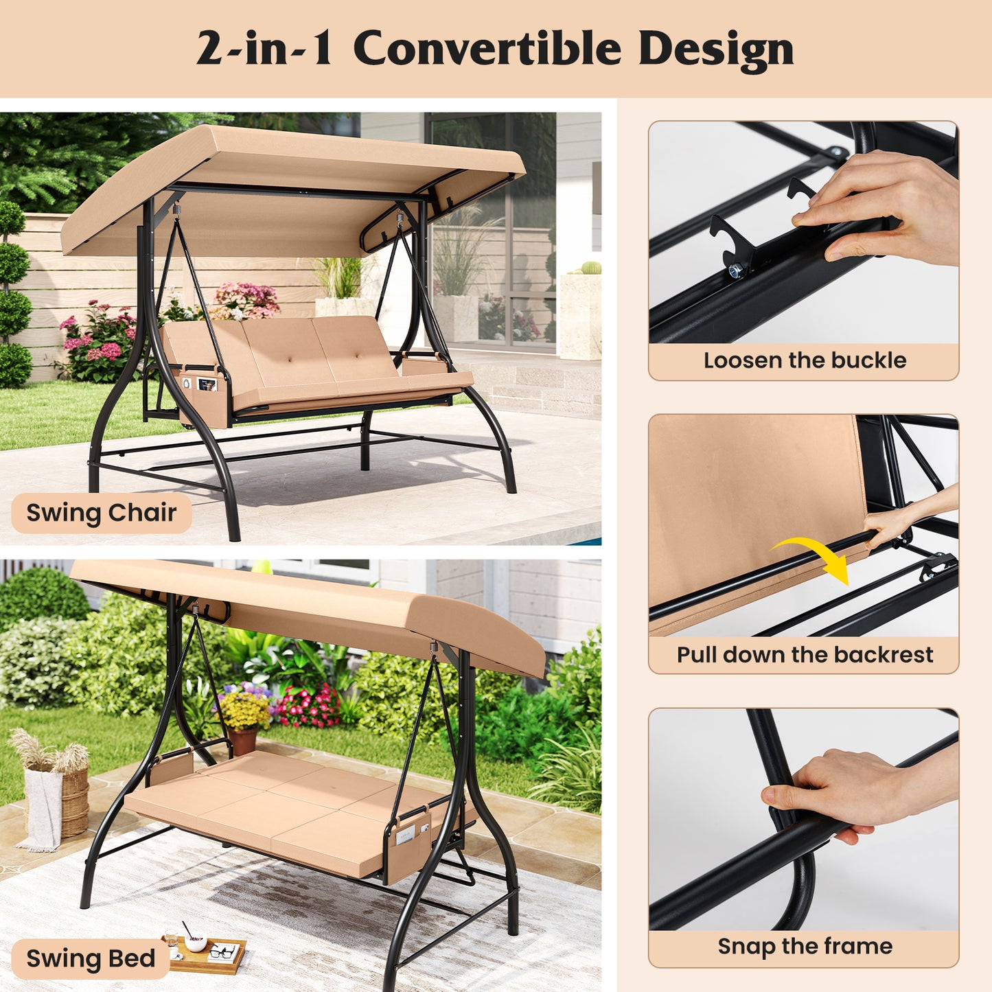 3-Piece Patio Swing with Canopy Removable Cushions and Side Pockets, Beige Porch Swings at Gallery Canada
