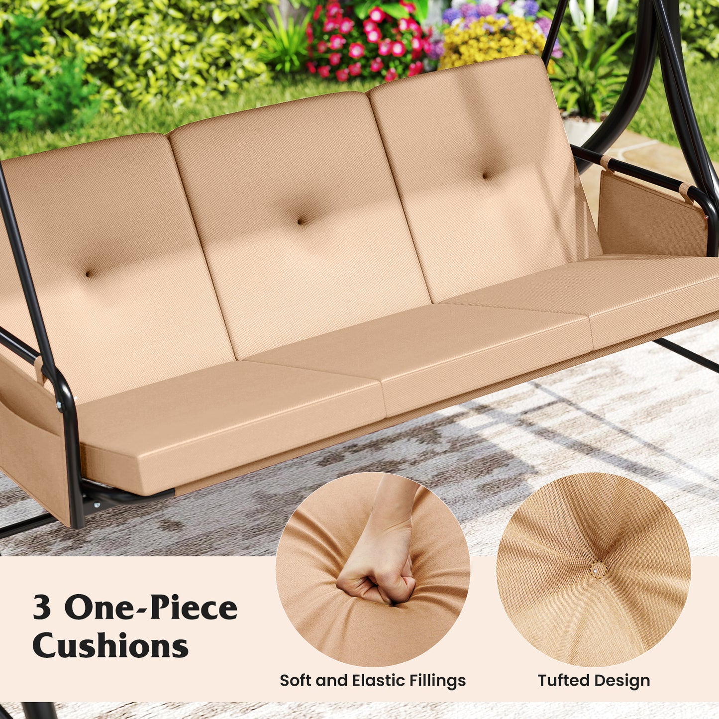3-Piece Patio Swing with Canopy Removable Cushions and Side Pockets, Beige Porch Swings at Gallery Canada