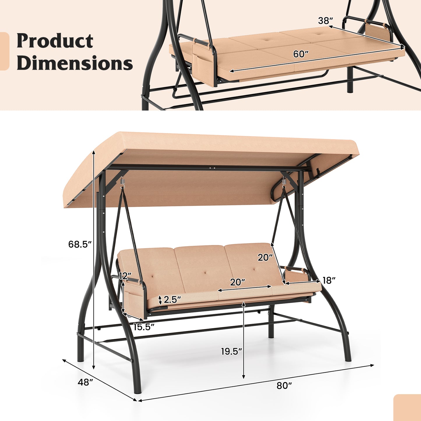 3-Piece Patio Swing with Canopy Removable Cushions and Side Pockets, Beige Porch Swings at Gallery Canada