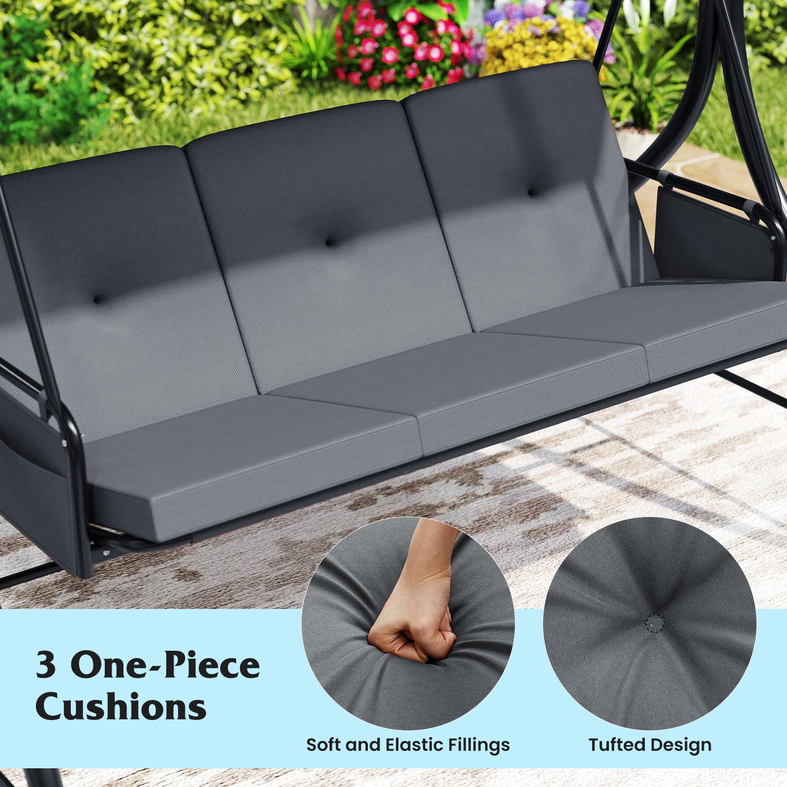 3-Piece Patio Swing with Canopy Removable Cushions and Side Pockets, Gray Porch Swings at Gallery Canada