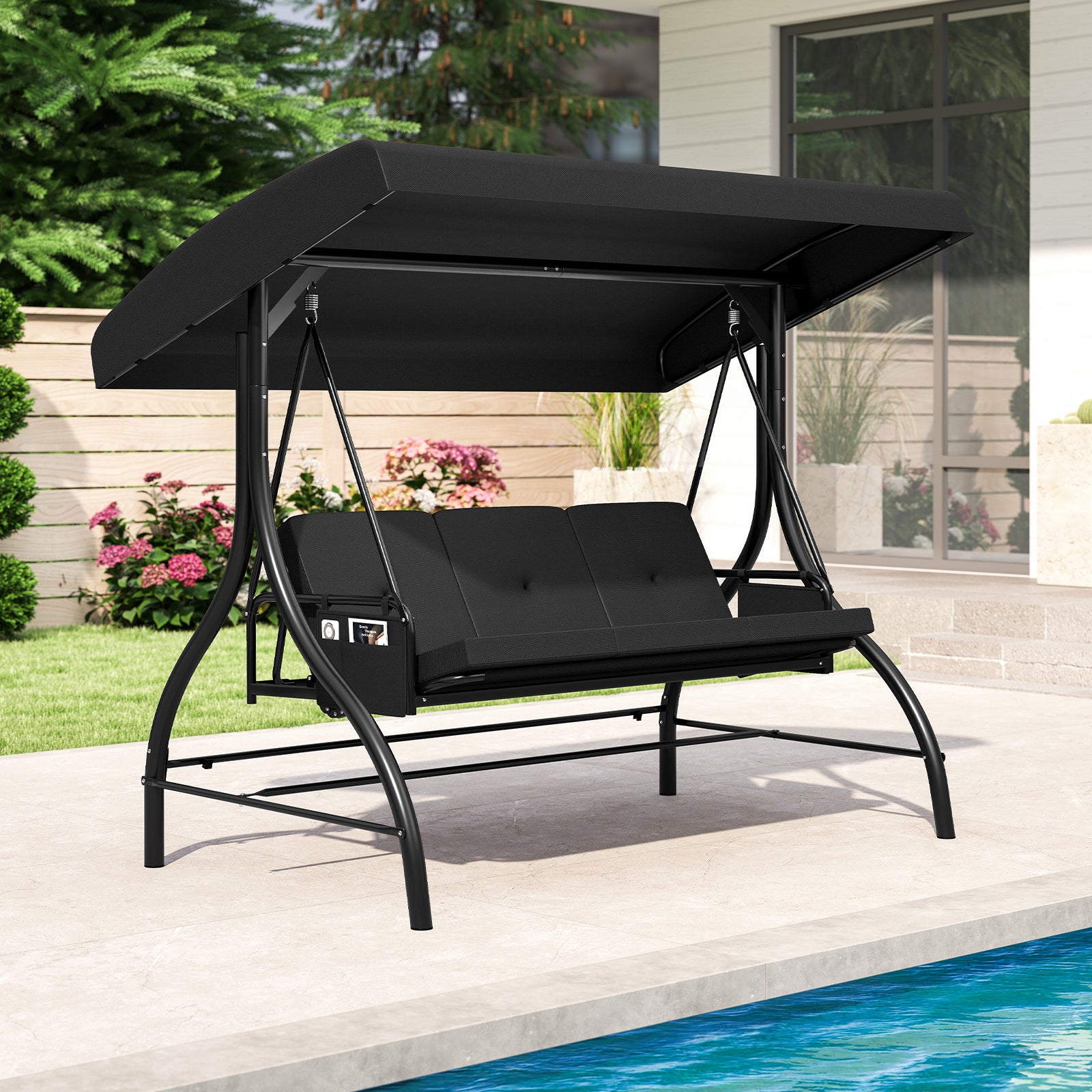 3-Piece Patio Swing with Canopy Removable Cushions and Side Pockets, Black Porch Swings at Gallery Canada