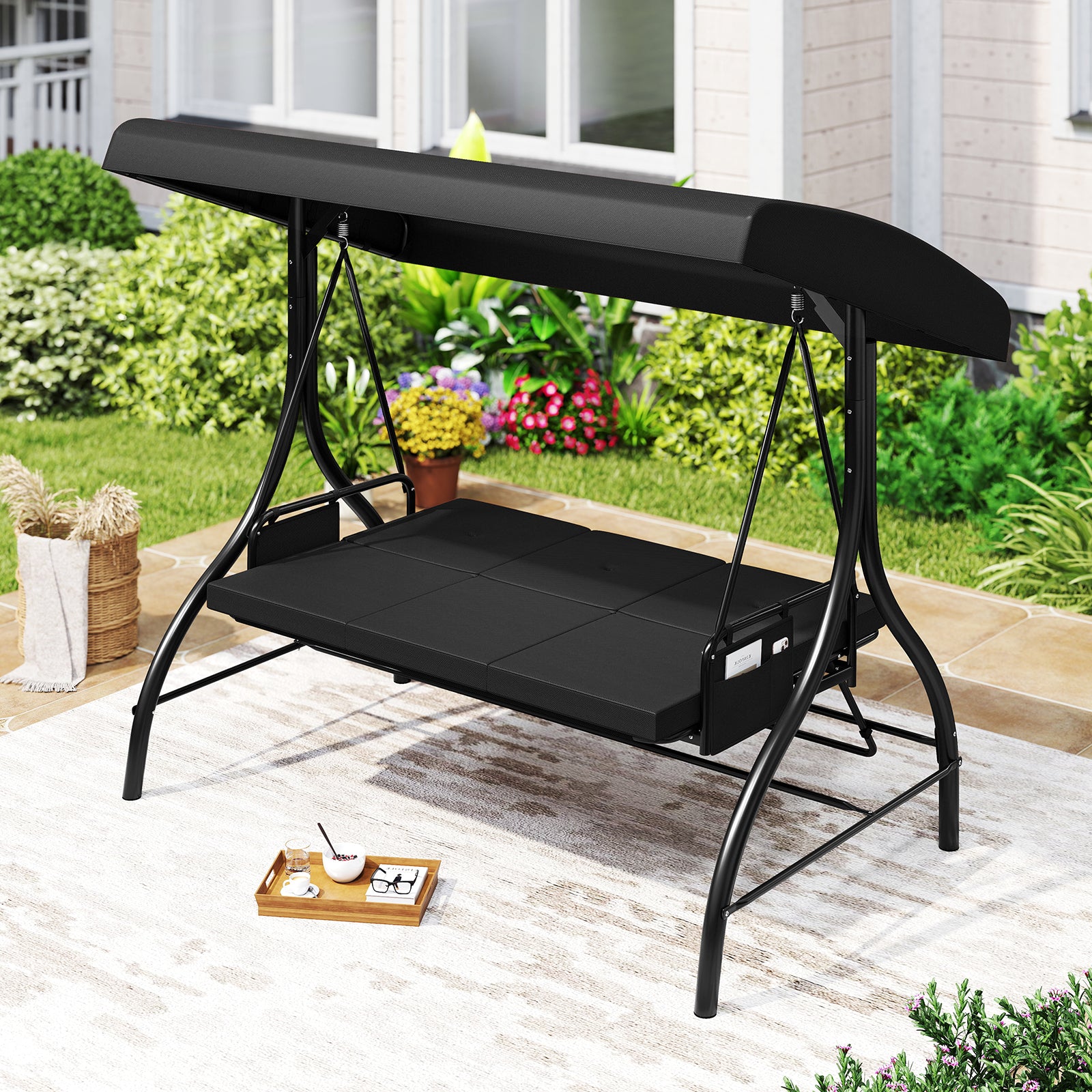 3-Piece Patio Swing with Canopy Removable Cushions and Side Pockets, Black Porch Swings at Gallery Canada