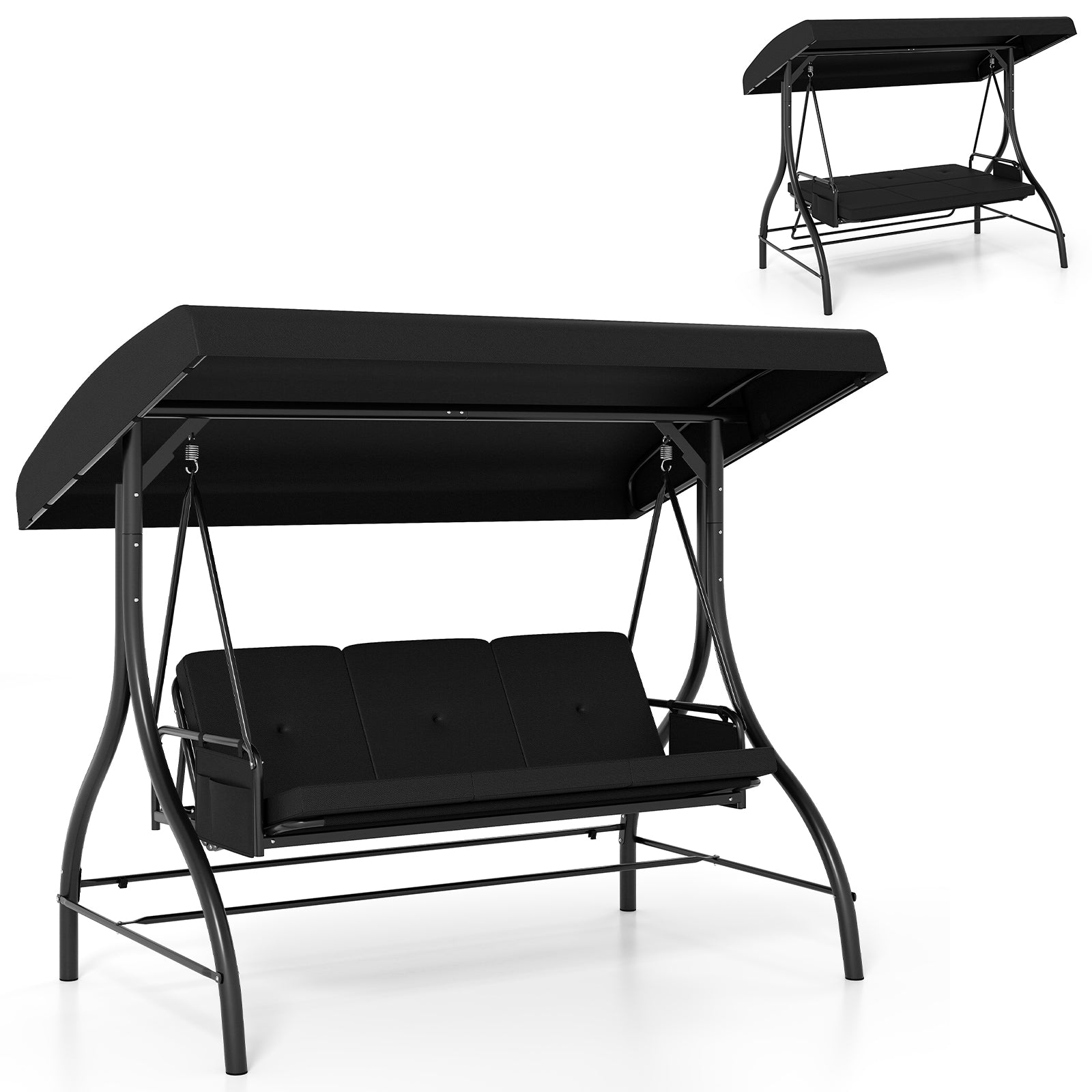 3-Piece Patio Swing with Canopy Removable Cushions and Side Pockets, Black Porch Swings at Gallery Canada