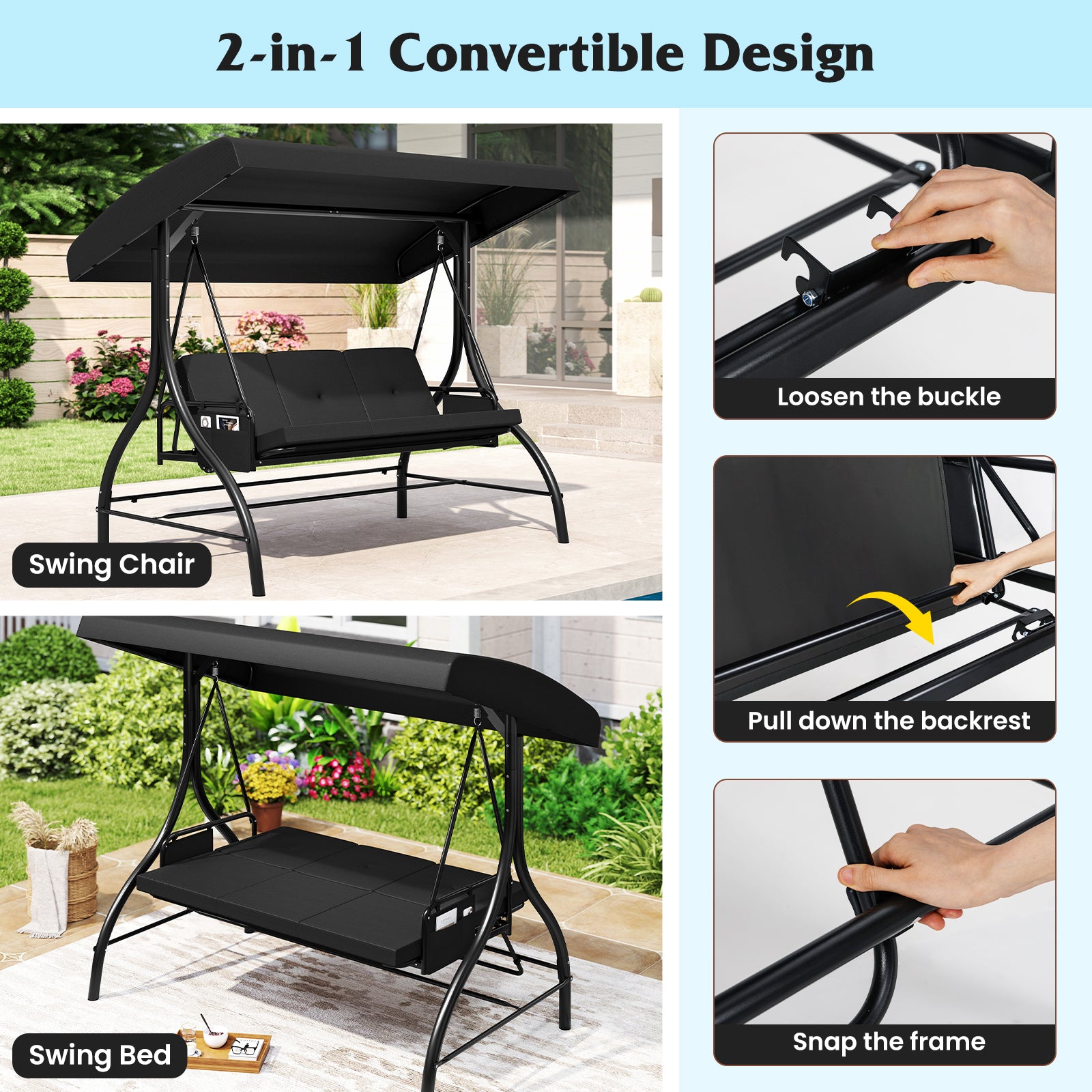 3-Piece Patio Swing with Canopy Removable Cushions and Side Pockets, Black Porch Swings at Gallery Canada