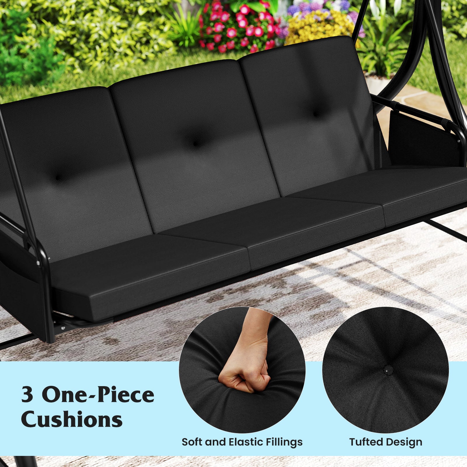 3-Piece Patio Swing with Canopy Removable Cushions and Side Pockets, Black Porch Swings at Gallery Canada