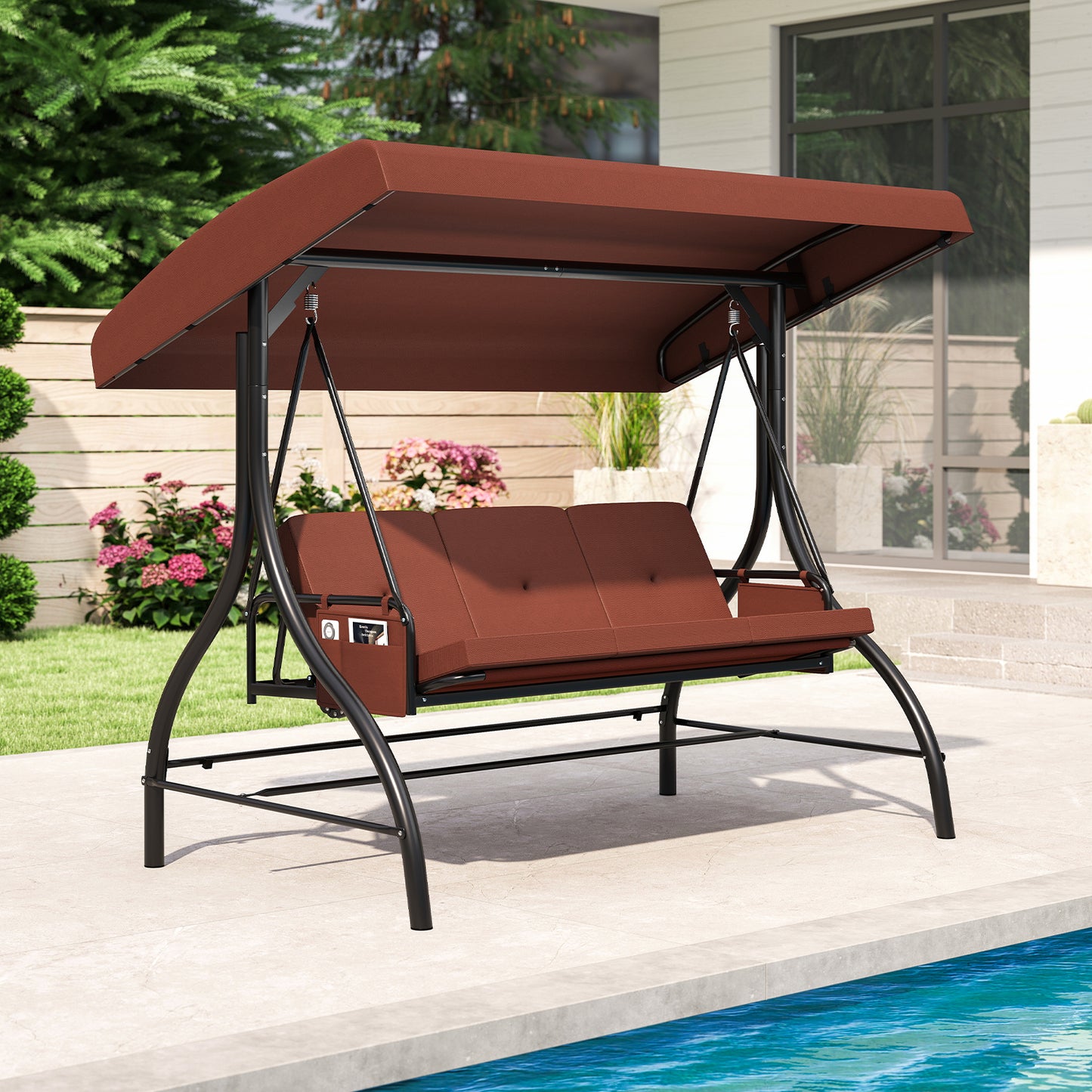 3-Piece Patio Swing with Canopy Removable Cushions and Side Pockets, Brown Porch Swings at Gallery Canada