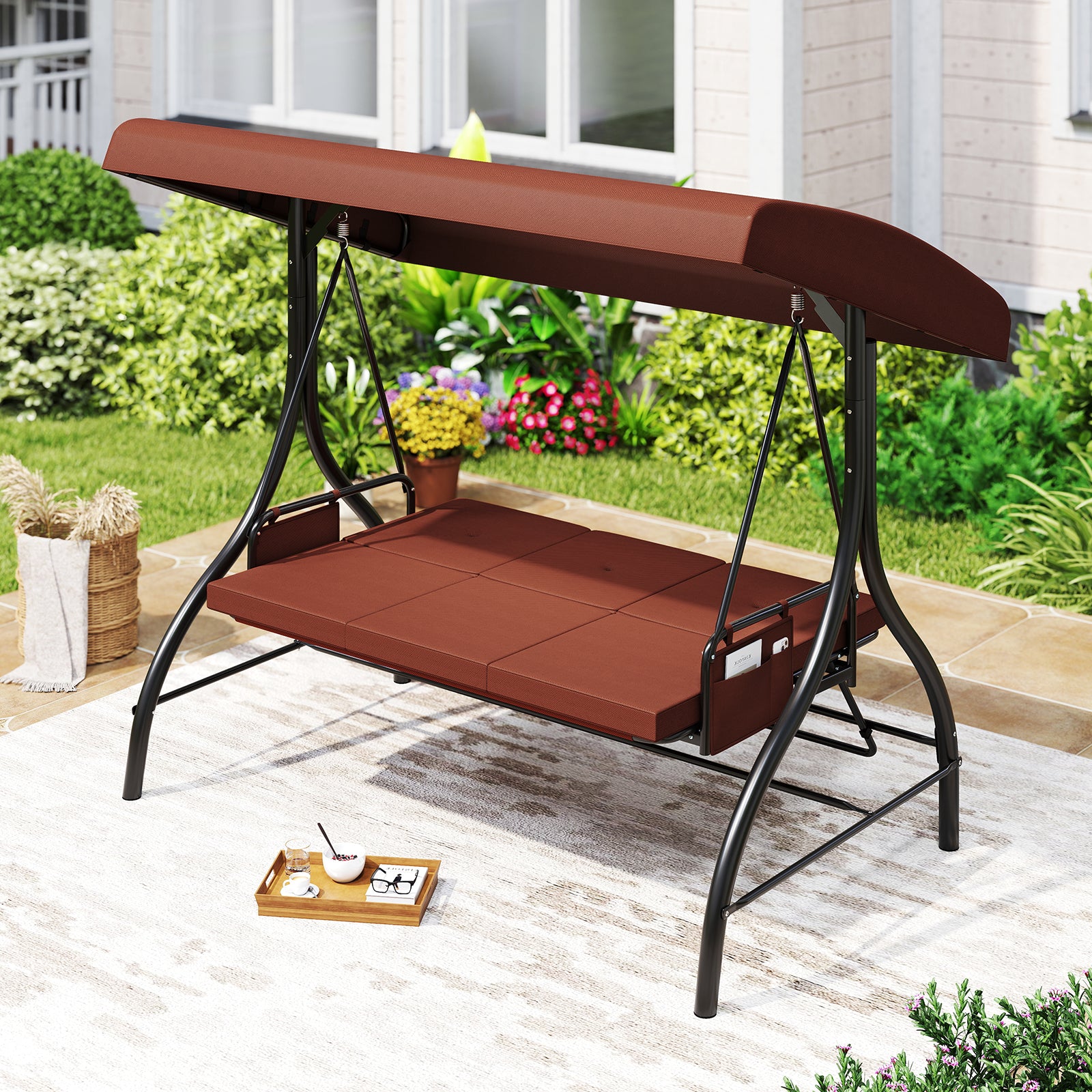 3-Piece Patio Swing with Canopy Removable Cushions and Side Pockets, Brown Porch Swings at Gallery Canada