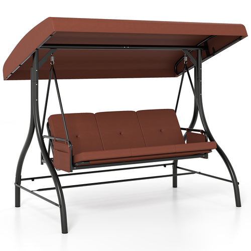 3-Piece Patio Swing With Canopy, Removable Cushions, Side Pockets, Brown