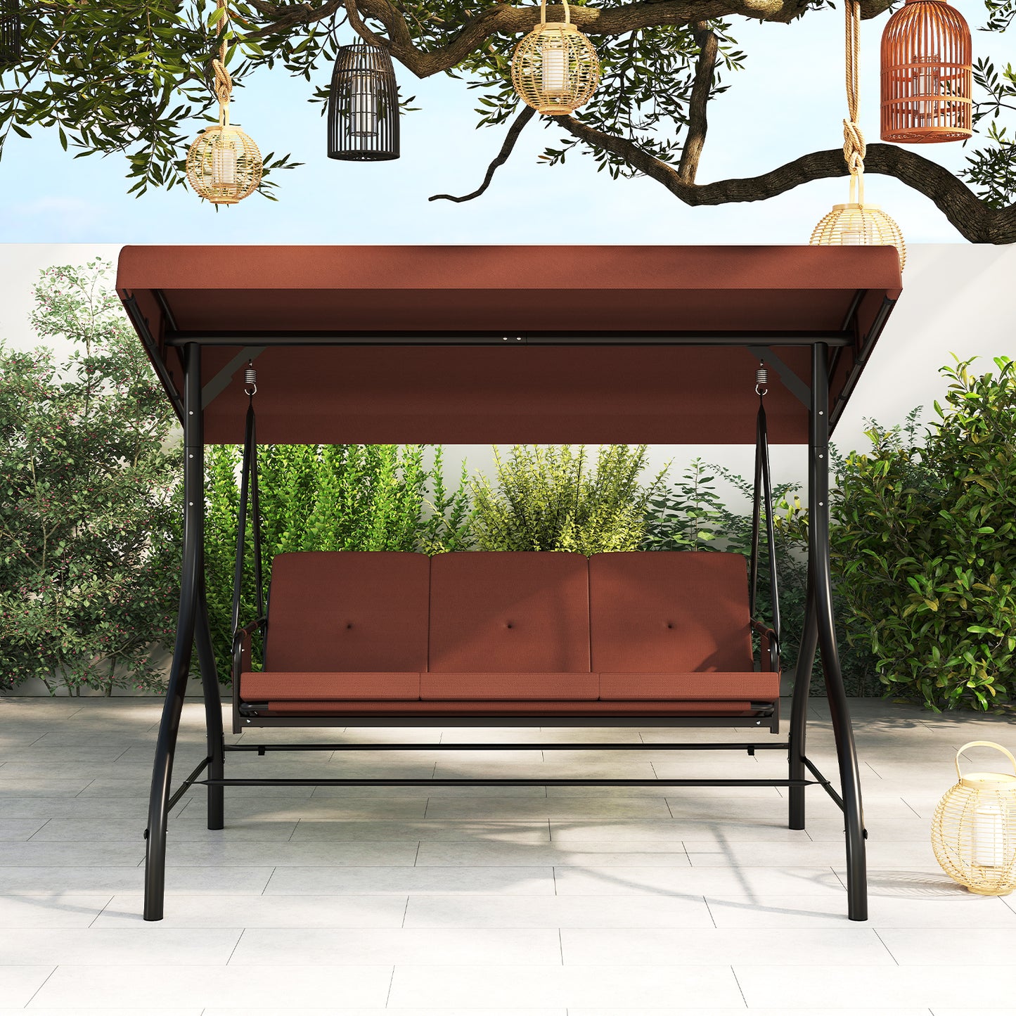 3-Piece Patio Swing with Canopy Removable Cushions and Side Pockets, Brown Porch Swings at Gallery Canada