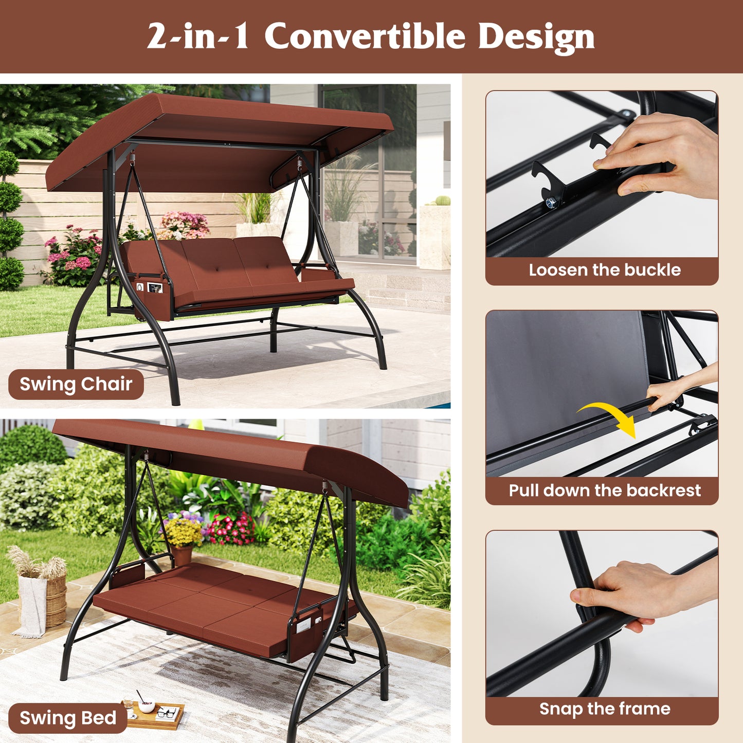 3-Piece Patio Swing with Canopy Removable Cushions and Side Pockets, Brown Porch Swings at Gallery Canada