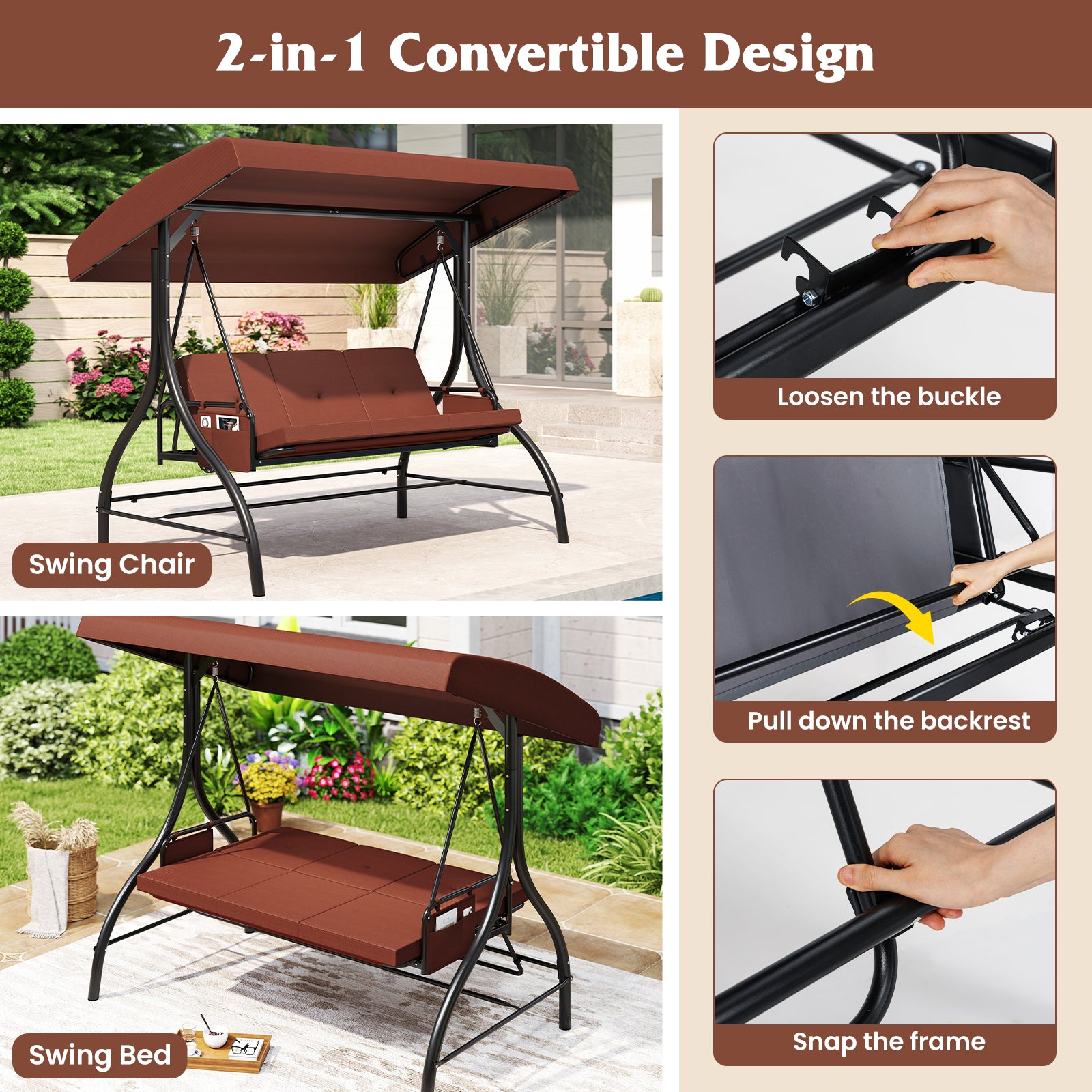 3-Piece Patio Swing with Canopy Removable Cushions and Side Pockets, Brown Porch Swings at Gallery Canada