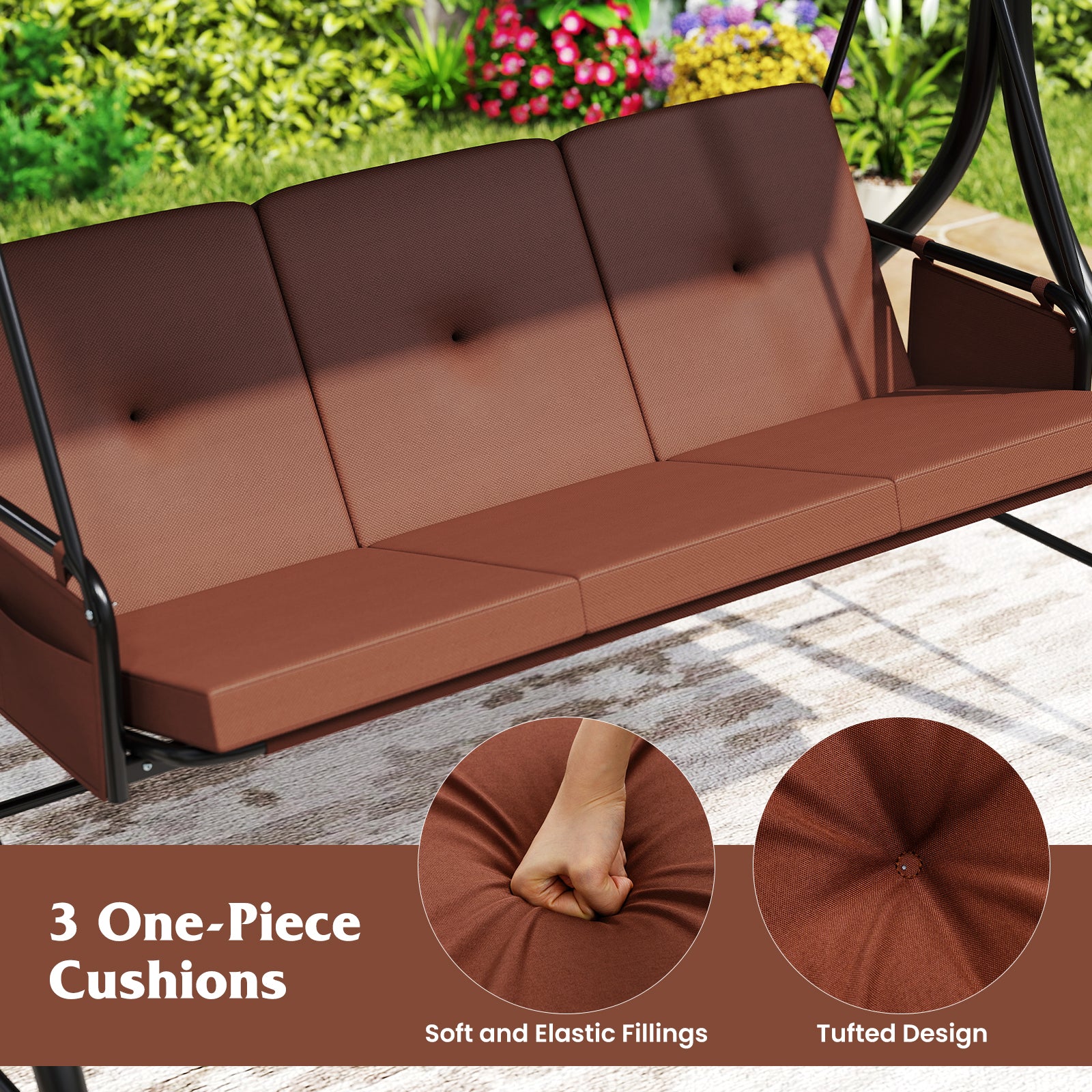 3-Piece Patio Swing with Canopy Removable Cushions and Side Pockets, Brown Porch Swings at Gallery Canada