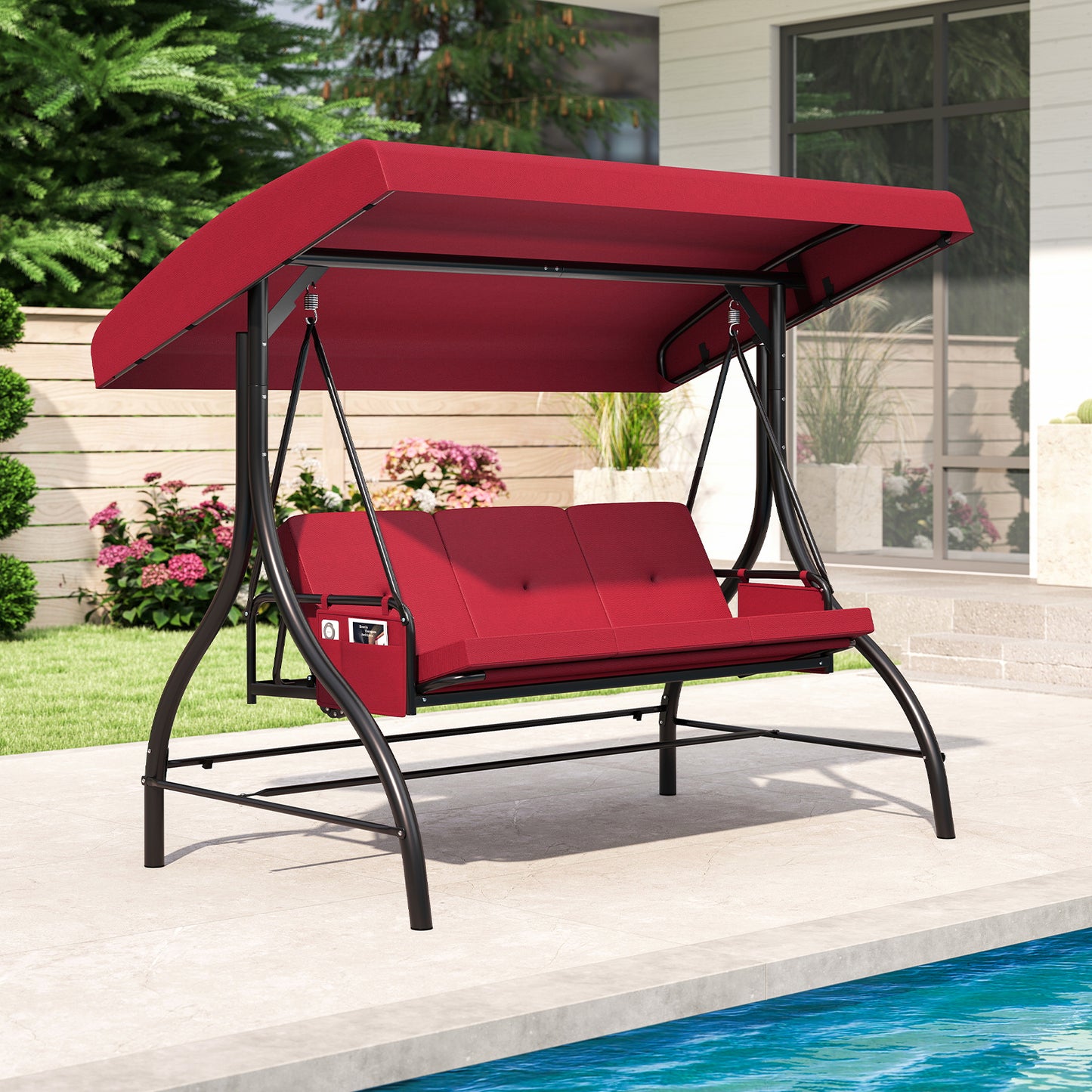 3-Piece Patio Swing with Canopy Removable Cushions and Side Pockets, Burgundy Porch Swings at Gallery Canada