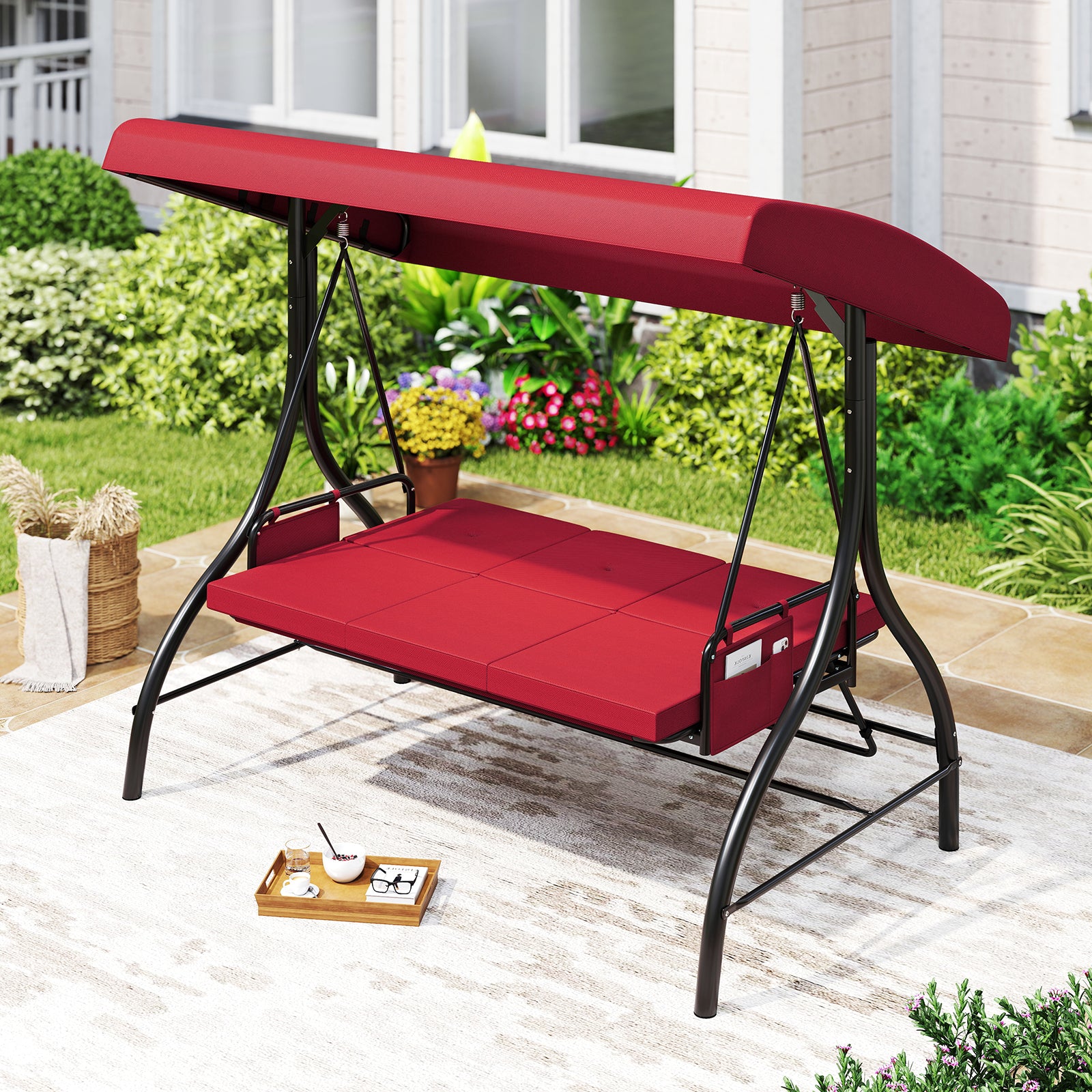 3-Piece Patio Swing with Canopy Removable Cushions and Side Pockets, Burgundy Porch Swings at Gallery Canada