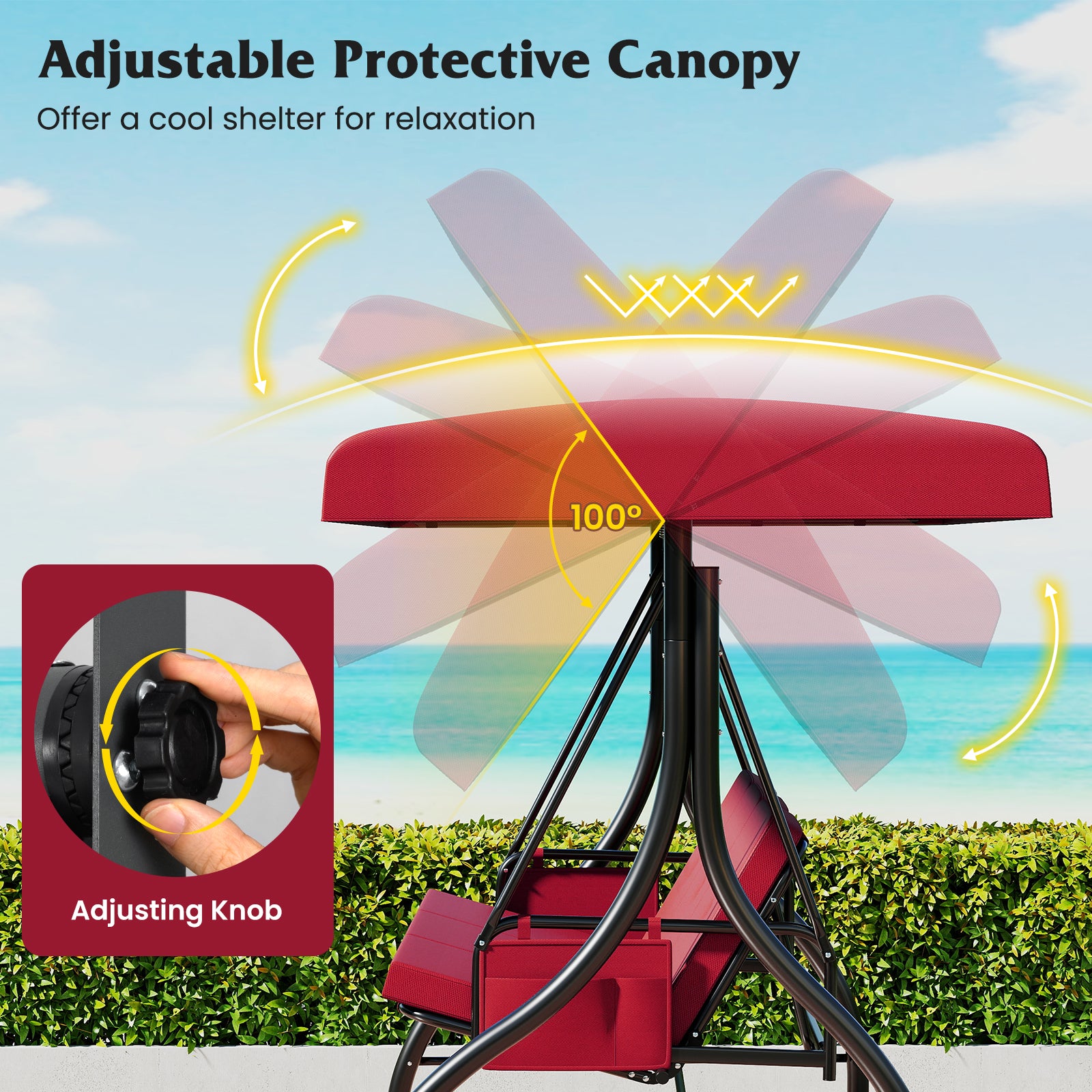 3-Piece Patio Swing with Canopy Removable Cushions and Side Pockets, Burgundy Porch Swings at Gallery Canada