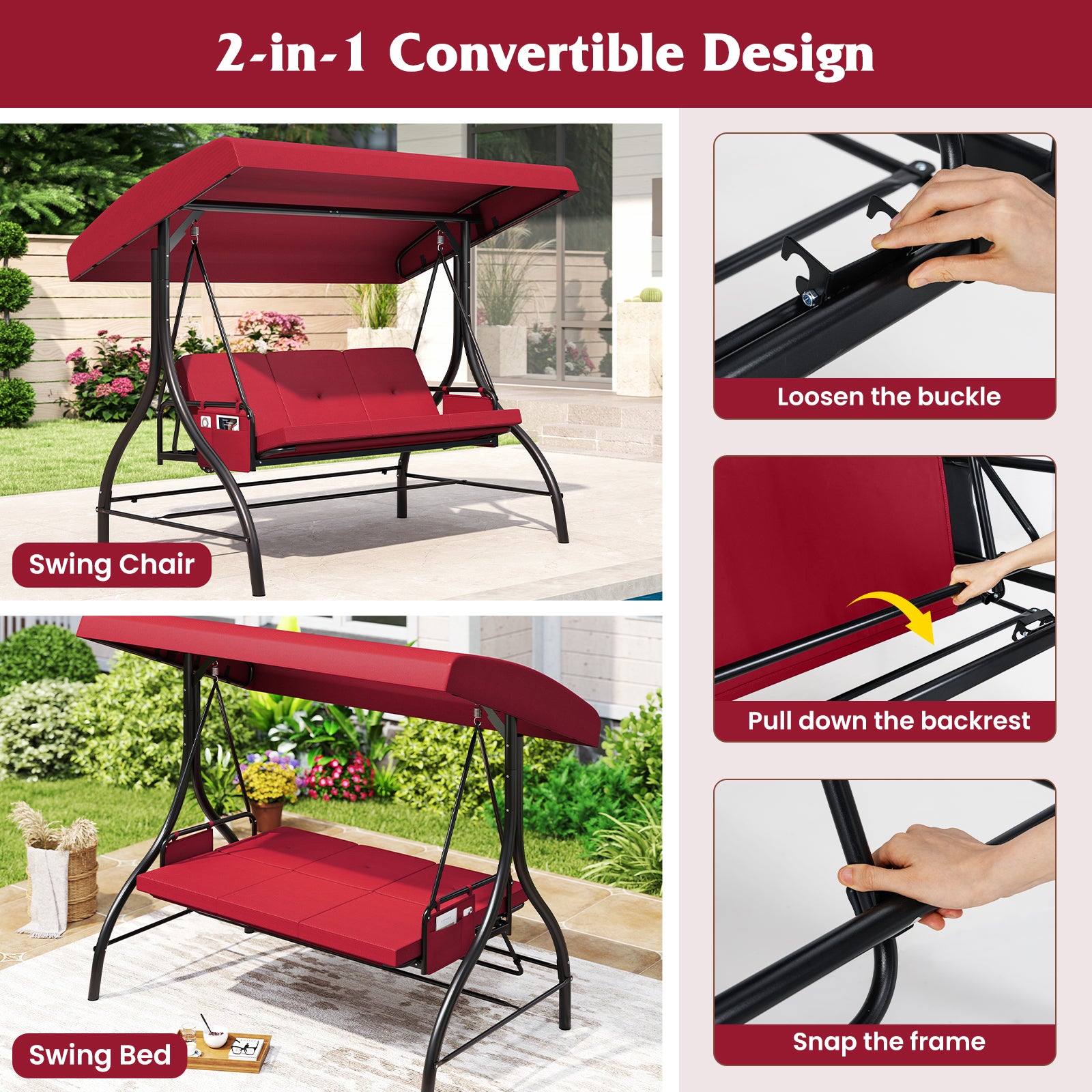 3-Piece Patio Swing with Canopy Removable Cushions and Side Pockets, Burgundy Porch Swings at Gallery Canada