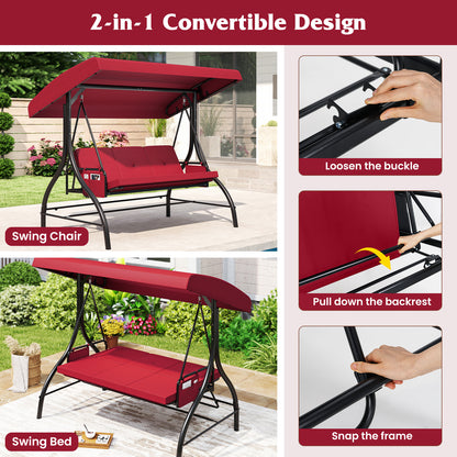 3-Piece Patio Swing with Canopy Removable Cushions and Side Pockets, Burgundy Porch Swings at Gallery Canada