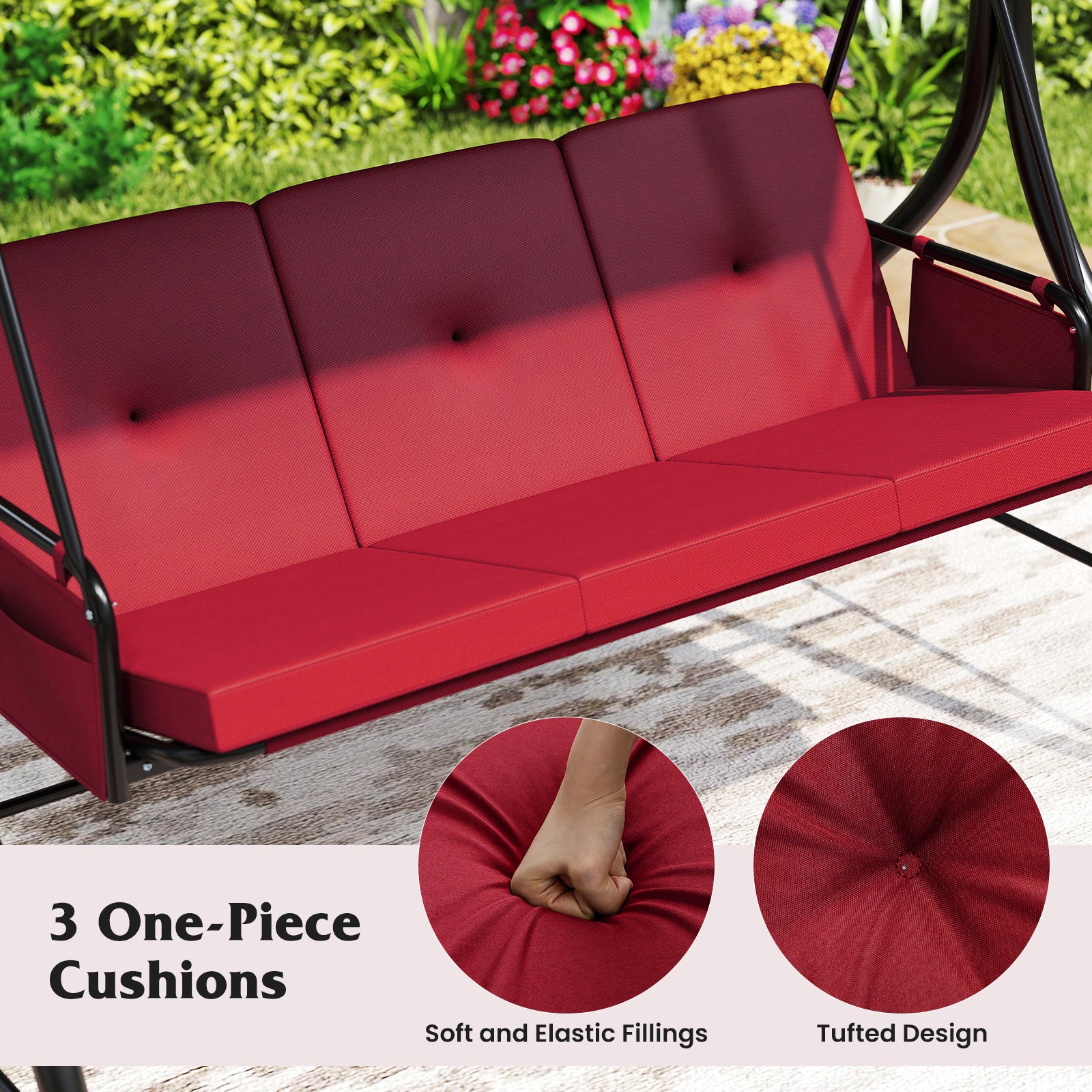 3-Piece Patio Swing with Canopy Removable Cushions and Side Pockets, Burgundy Porch Swings at Gallery Canada