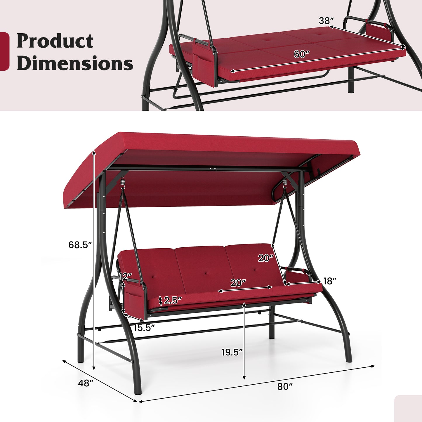 3-Piece Patio Swing with Canopy Removable Cushions and Side Pockets, Burgundy Porch Swings at Gallery Canada