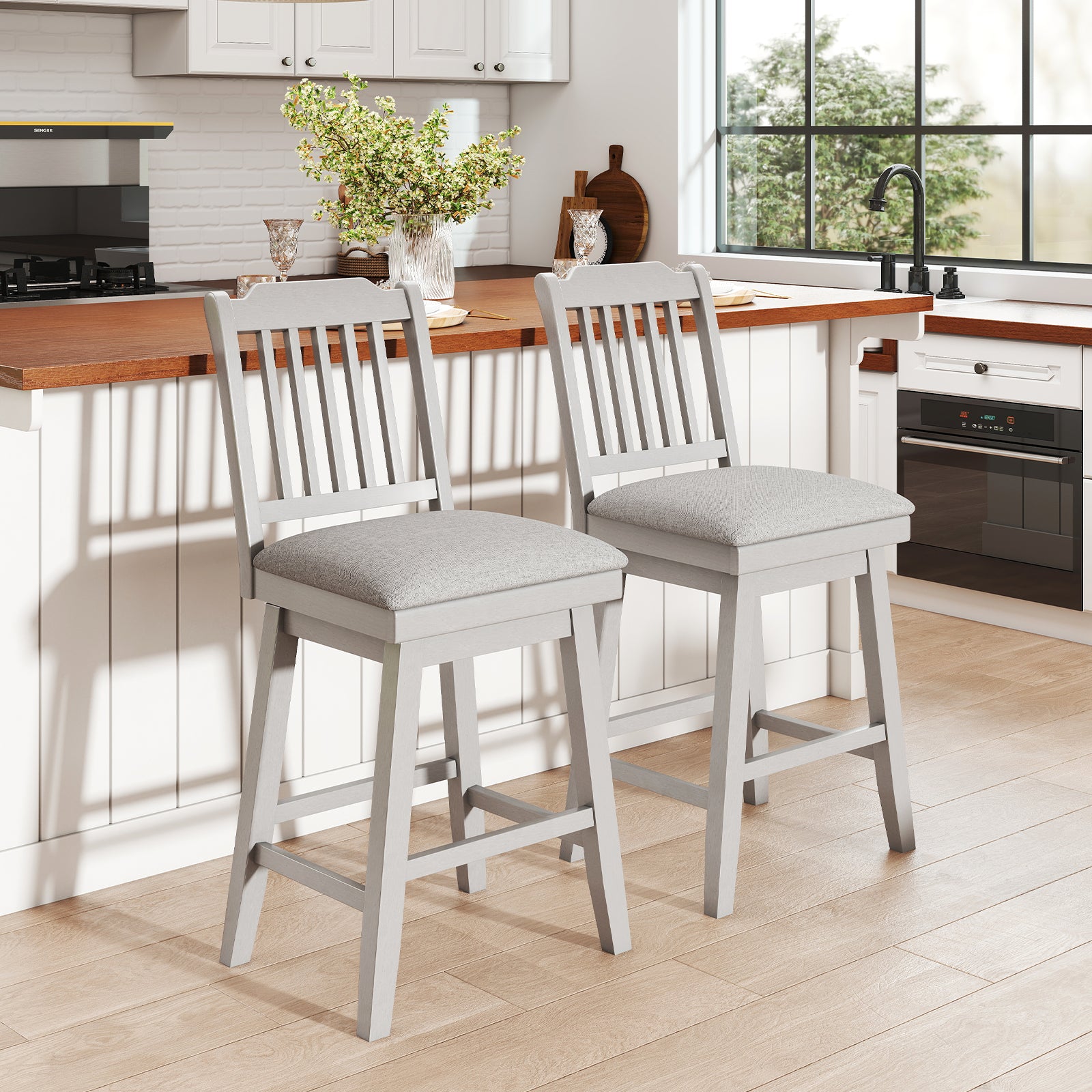 25 inch Modern Bar Stools Set of 2 with Upholstered Swivel Seat, Gray Bar Stools at Gallery Canada