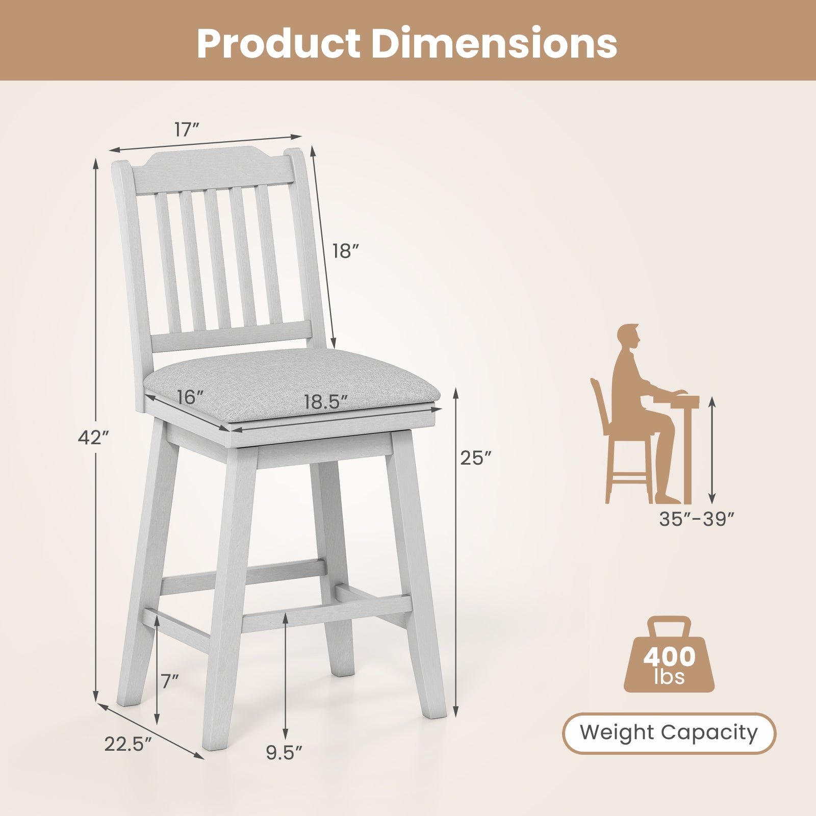 25 inch Modern Bar Stools Set of 2 with Upholstered Swivel Seat, Gray Bar Stools at Gallery Canada