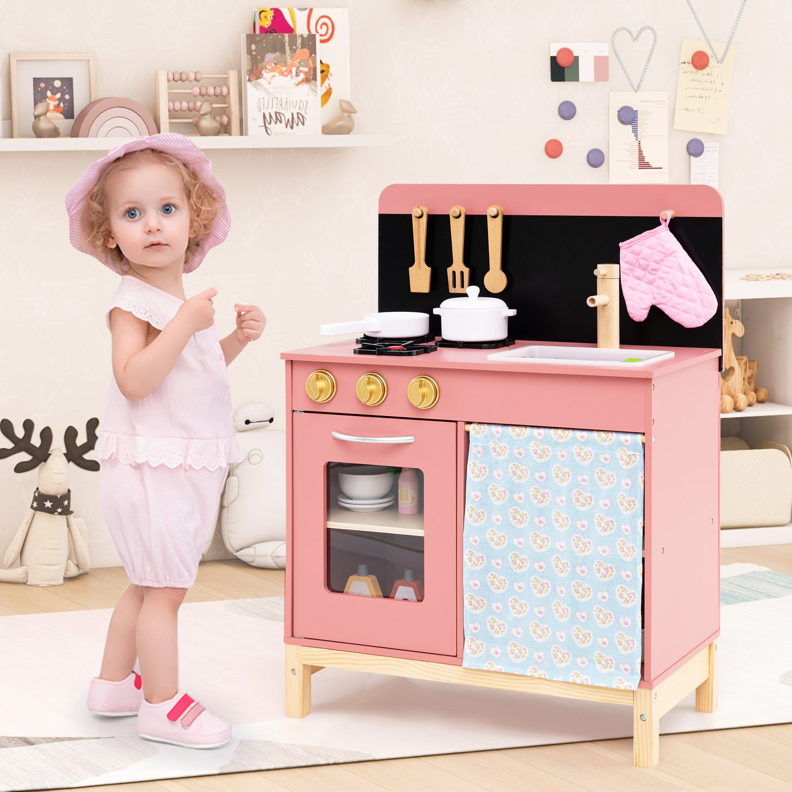 Play Kitchen for Kids Wooden Kitchen Playset with Door Curtain, Pink Play Kitchen Sets at Gallery Canada